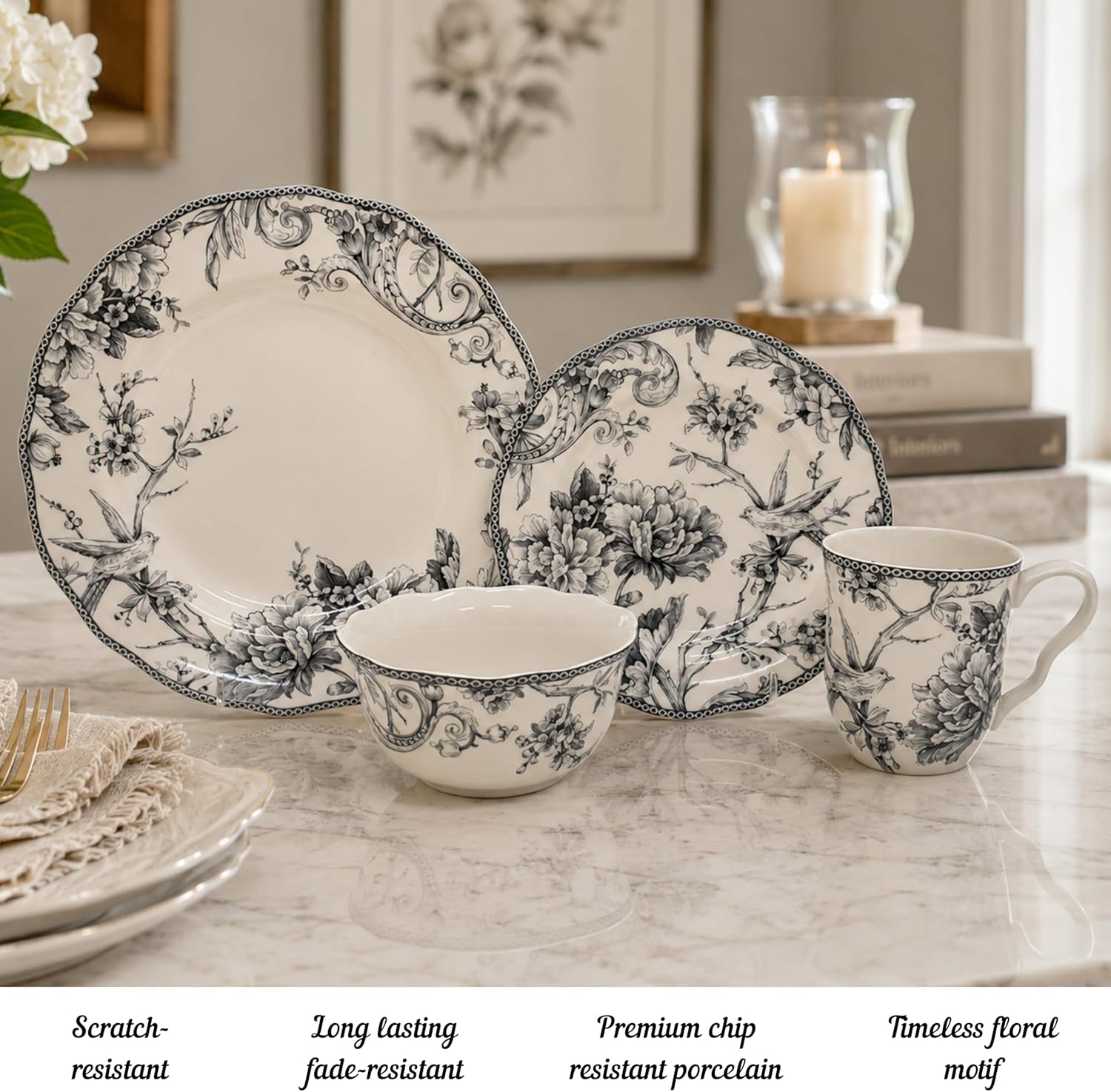 222 Fifth Adelaide 16-Piece Black Porcelain Dinnerware Set – Service for 4, Featuring Hand-Applied Romantic Woodland Bird Design