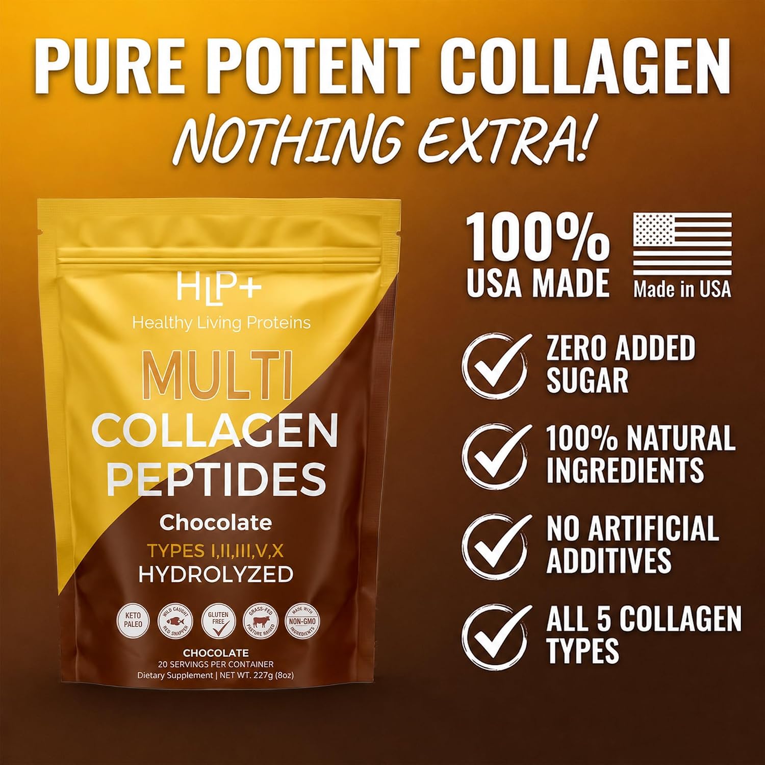 Healthy Living Proteins | Multi Hydrolyzed Collagen Peptides Type I, II, III, V, & X | Grass Fed Bovine, Wild Caught Marine, Free Range Chicken | Gluten Free (Unflavored, 1 Pound (Pack of 1))