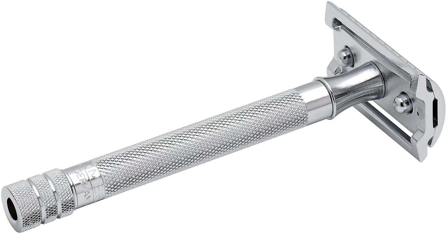 MERKUR 23C Double Edge Safety Razor - Polished Chrome, Long Knurled Brass Handle, Made in Germany, Plastic-Free, Three Piece Design, Closed Comb, Straight Bar