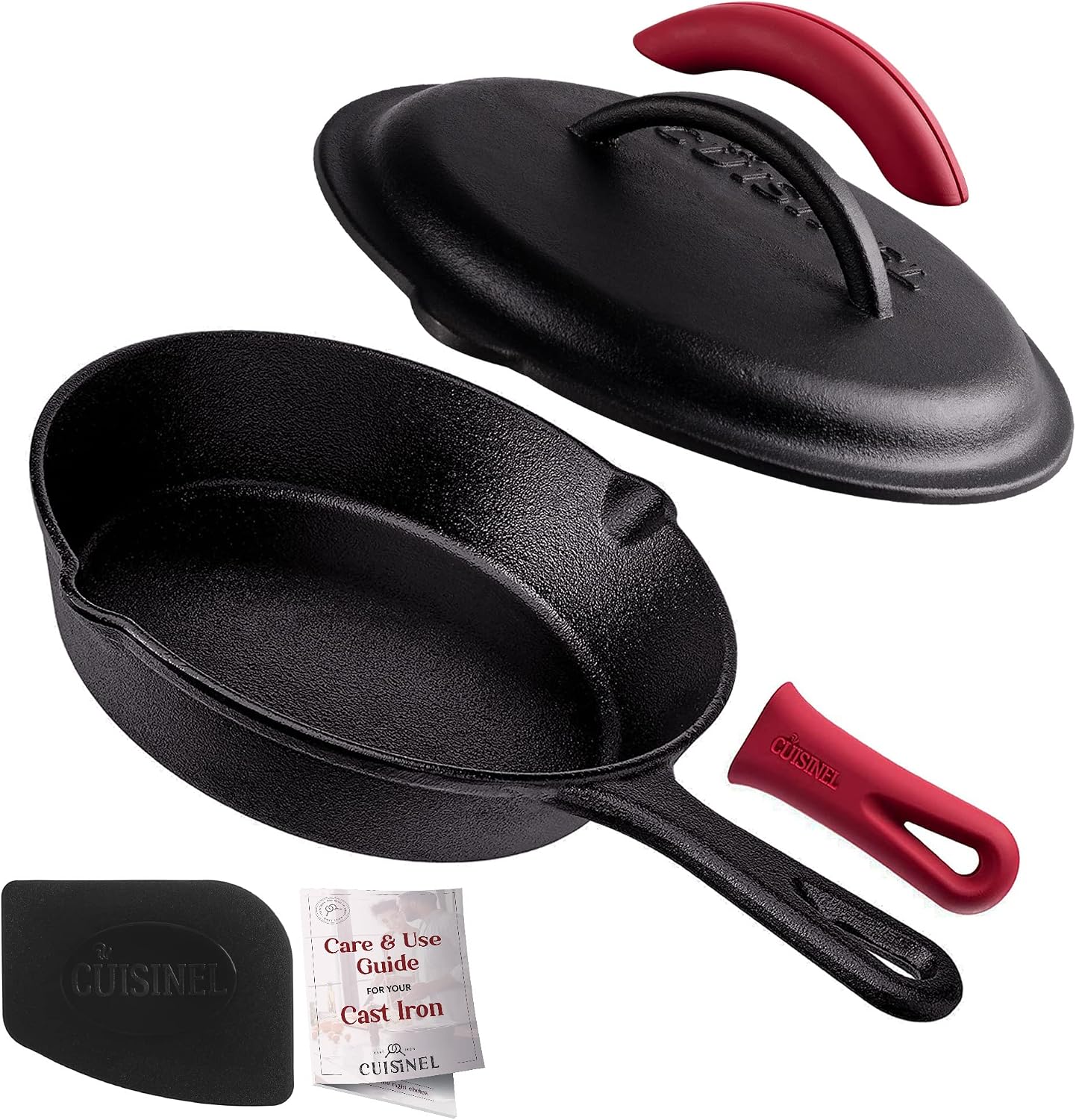Cast Iron Skillet - 10"-Inch Frying Pan with Pour Spouts + Pan Scraper + Silicone Grip Handle Cover Holder - Pre-Seasoned Oven Cookware - Indoor/Outdoor Use - Stovetop, Induction. PFAS and PFOA-free