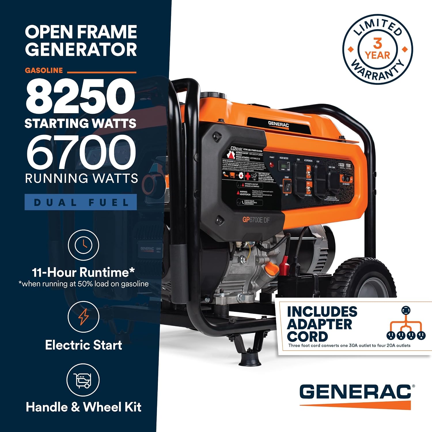 Generac 12,500 Starting Watt Tri-Fuel Portable Generator, Electric Start | Gas, Propane, Or Natural Gas Fuel Options, COsense CO Detection, 9.5 Hour Runtime, Emergency Home Backup, 49 State Compliant