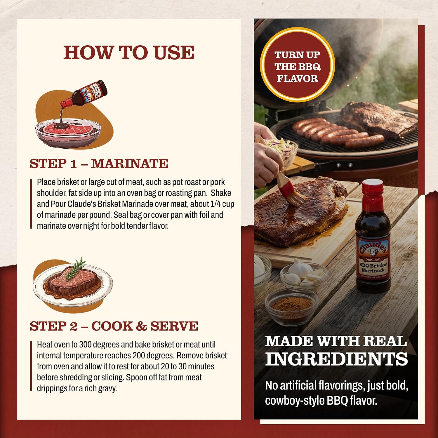 Claude's BBQ Brisket Marinade Sauce, Gluten Free Texas Style, 128 oz | Restaurant-size gallon of smoky Texas tenderizing brisket marinade - all natural & gluten free.