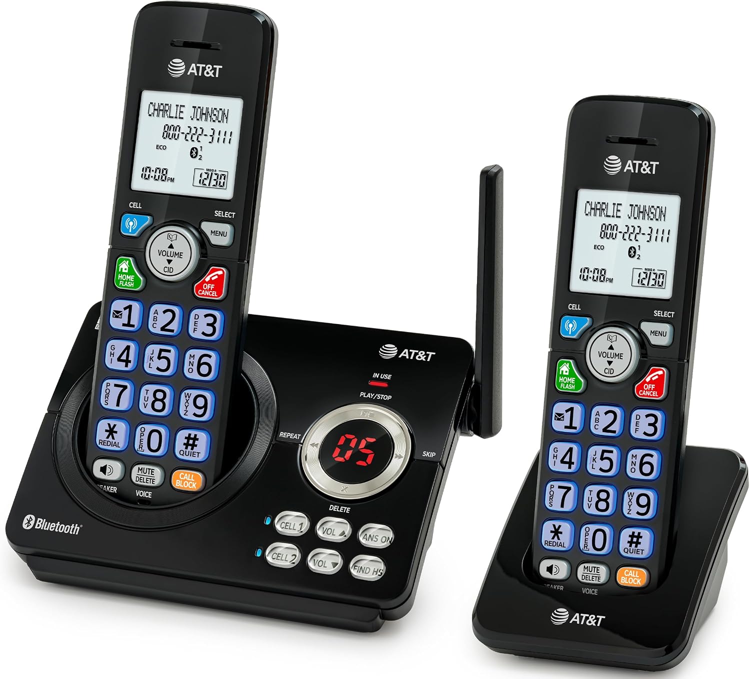 AT&T DL72219 DECT 6.0 2-Handset Cordless Phone for Home with Connect to Cell, Call Blocking, 1.8" Backlit Screen, Big Buttons, intercom