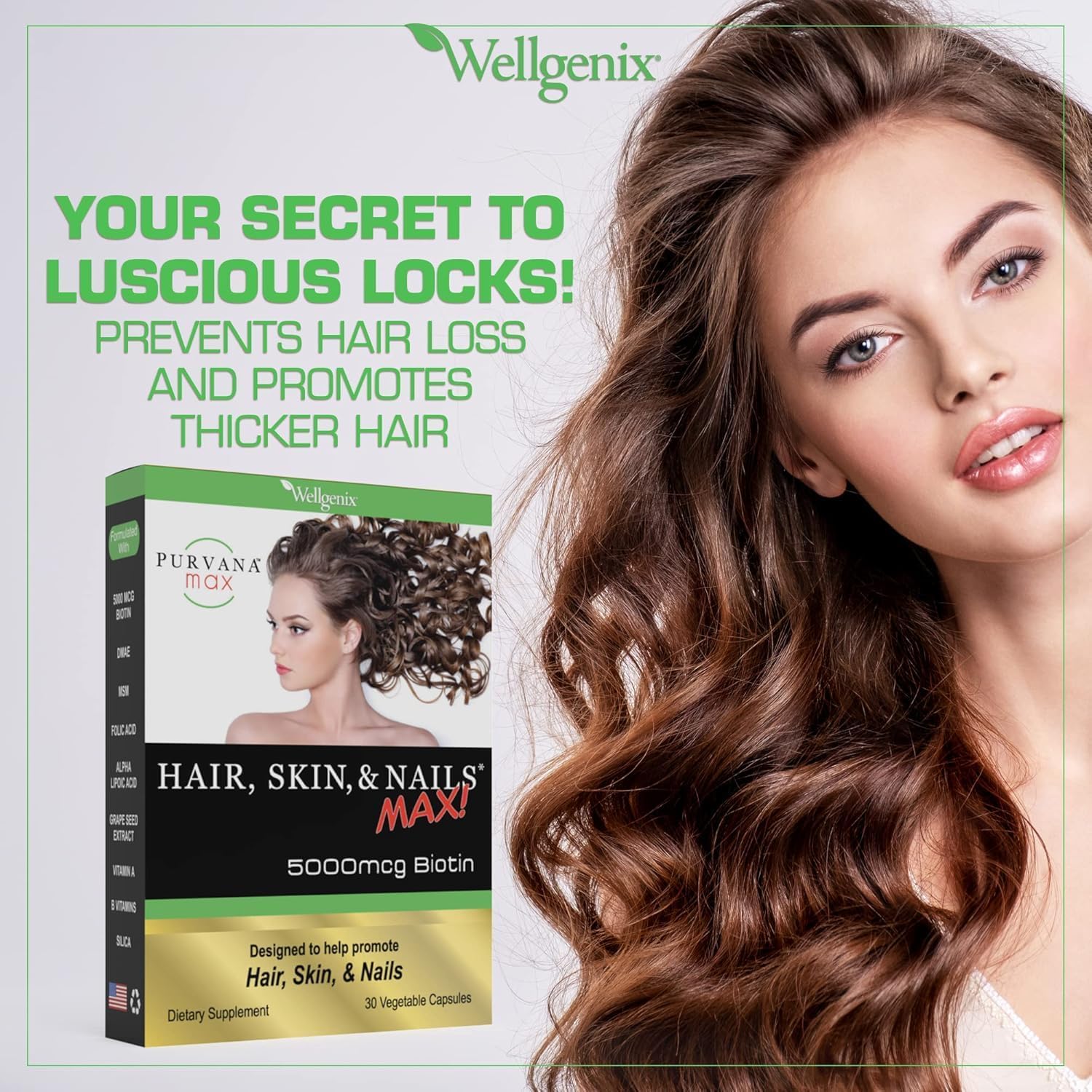 Wellgenix Purvana MAX Hair Skin and Nails Supplement – 5000mcg Biotin with MSM & B-Complex – Support for Thicker Hair, Stronger Nails & Glowing Skin – 30 Veggie Capsules | Biotin, MSM & hyaluronic acid in vegetable capsules for thicker, fuller hair, stro…