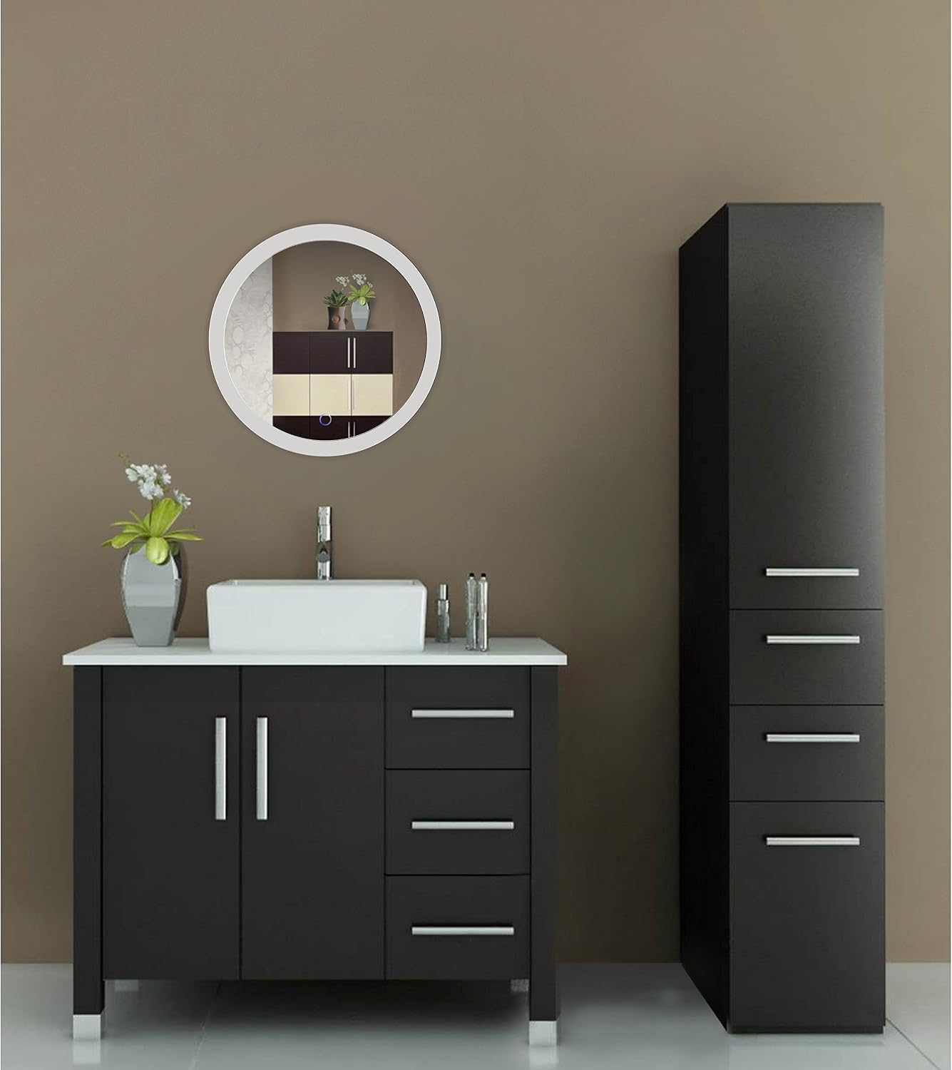 LED Bathroom Round Mirror 22 Inch Diameter | Lighted Vanity Mirror Dimmer & Defogger + Silver Backed Glass | |