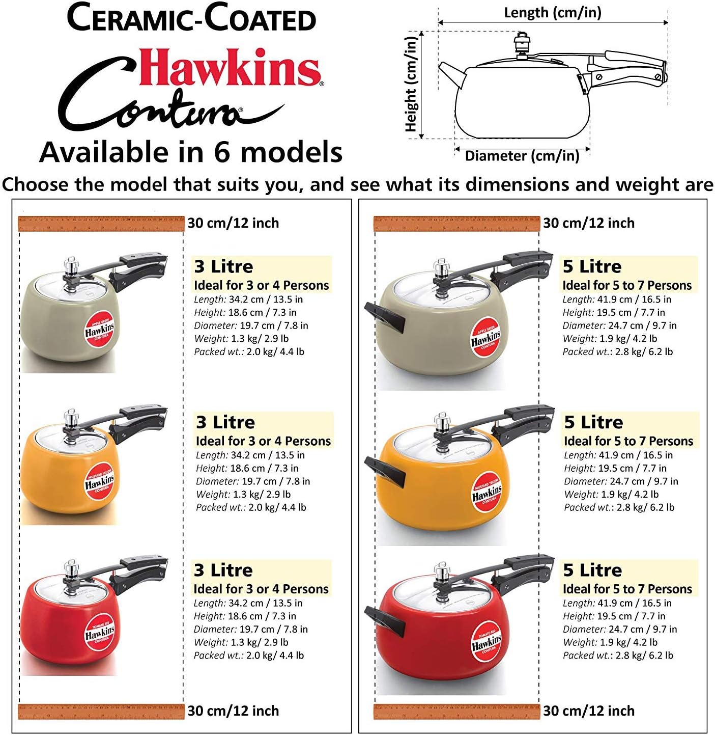 Hawkins 5 Litre Contura Pressure Cooker, Ceramic Coated Handi Inner Lid Cooker, Tomato Red (CTR50)