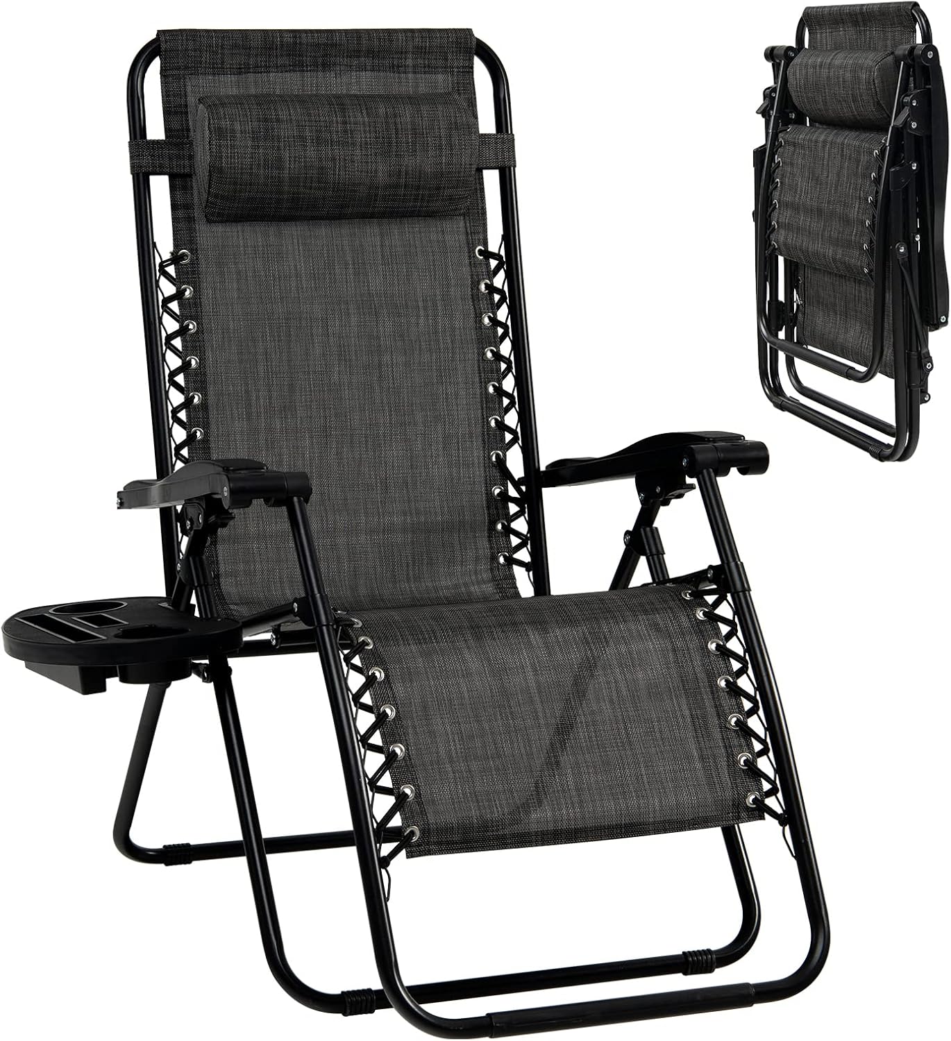Goplus Zero Gravity Lounge Chairs, 160°Adjustable Folding Recliner w/Pillow and Cup Holder, 350LBS Comfy Outdoor Lounge Chairs for Patio, Lawn, Yard & Camp(1, Gray)