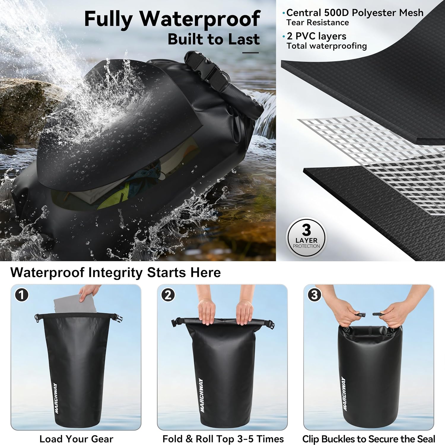 MARCHWAY Floating Waterproof Dry Bag Backpack 5L/10L/20L/30L/40L, Roll Top Sack Keeps Gear Dry for Kayaking, Rafting, Boating, Swimming, Camping, Hiking, Beach, Fishing