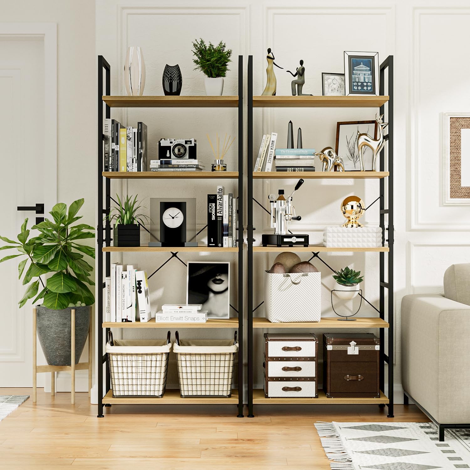 NUMENN 5 Tier Bookshelf, Tall Freestanding Open Storage Bookcase, Vintage