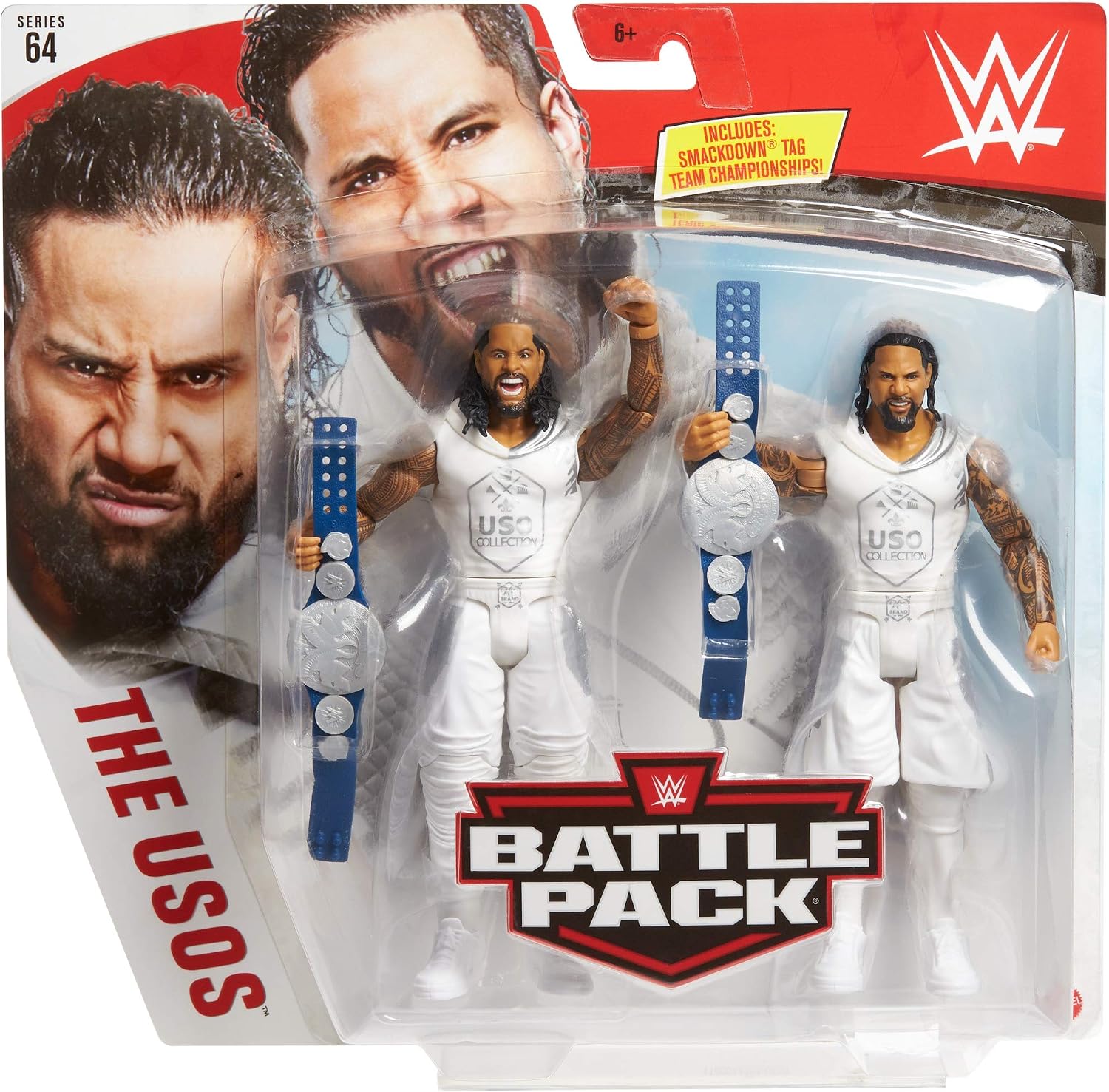 WWE Jimmy USO vs Jey USO Battle Pack Series #64 with Two 6-inch Articulated Action Figures & Ring Gear