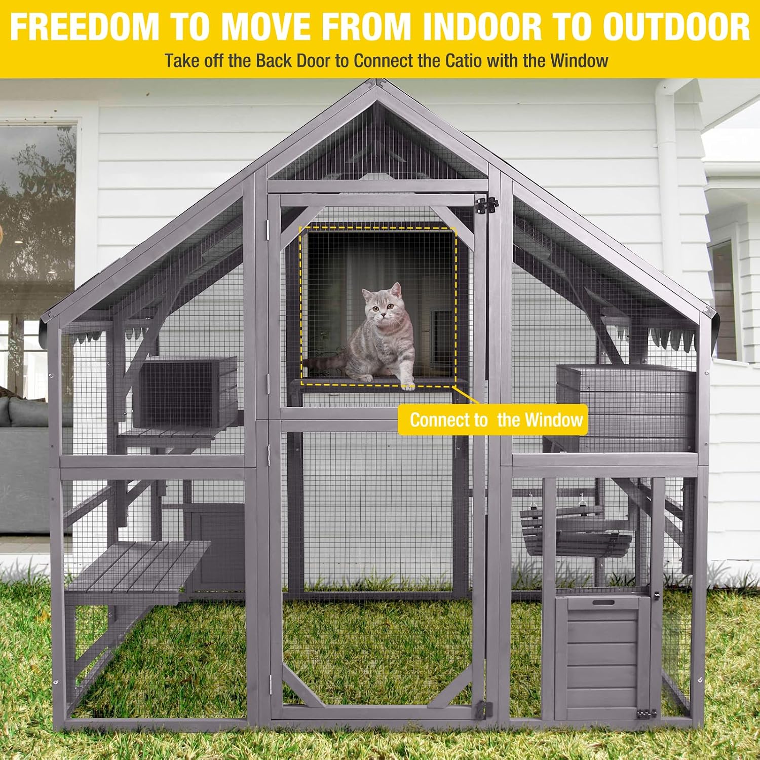 Aivituvin Cat House Outdoor Cat Catio Wooden Large Enclosure with Run on Wheels 70.9" Upgraded Version Catio with Reinforcement Strip