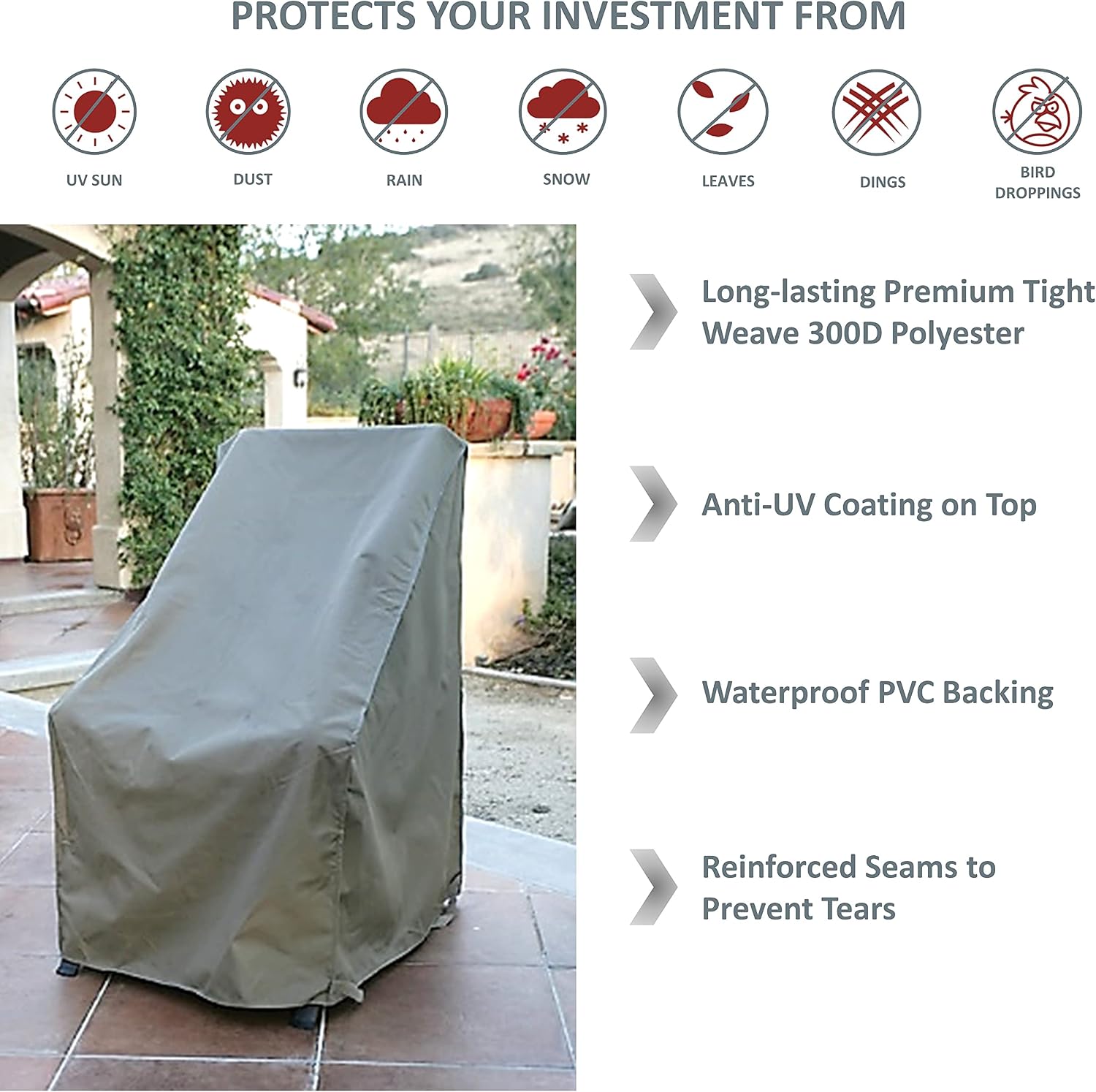 Formosa Covers | Outdoor Patio High Back, Rocking, Swivel Chair Cover Stackable Dining Seat Protection Secure Fastener Strips | 27" W x 30" D x 42" H (Taupe)