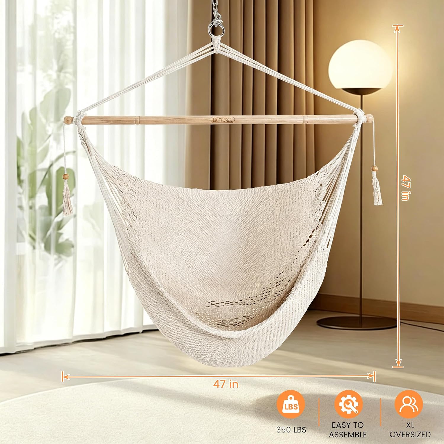 Lazy Daze Hammock Chair, Hanging Swing Chair, Caribbean Rope Chair | 40"Hardwood Spreader Bar and Soft-Spun Cotton Rope, Hammock Weaving Chair for Indoor, Outdoor, Backyard, Max 300 LBS, Natural