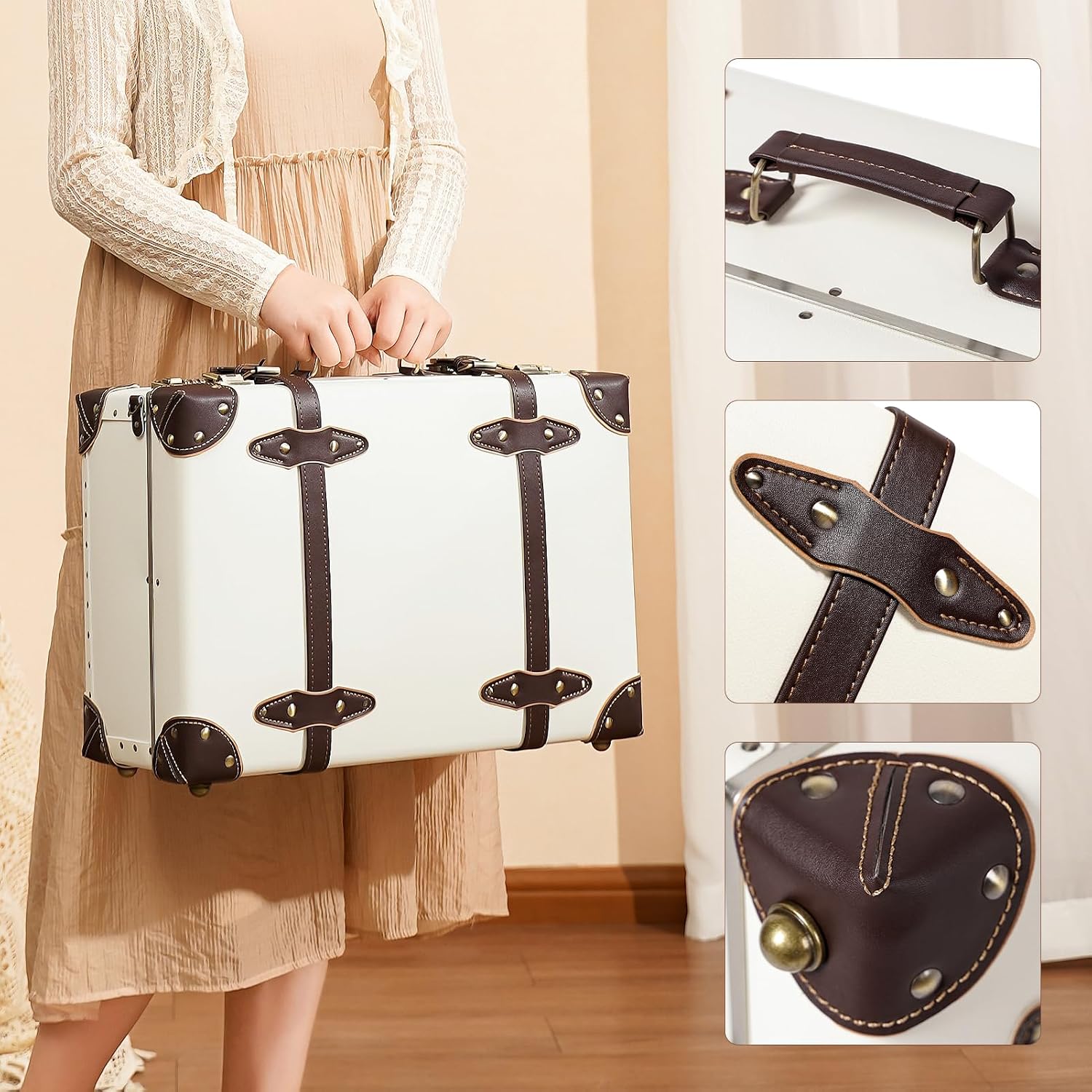 urecity Vintage and Cute Carry-on Overnight Case Non-wheeled Mini Leather Trunk Suitcase with Shoulder Strap