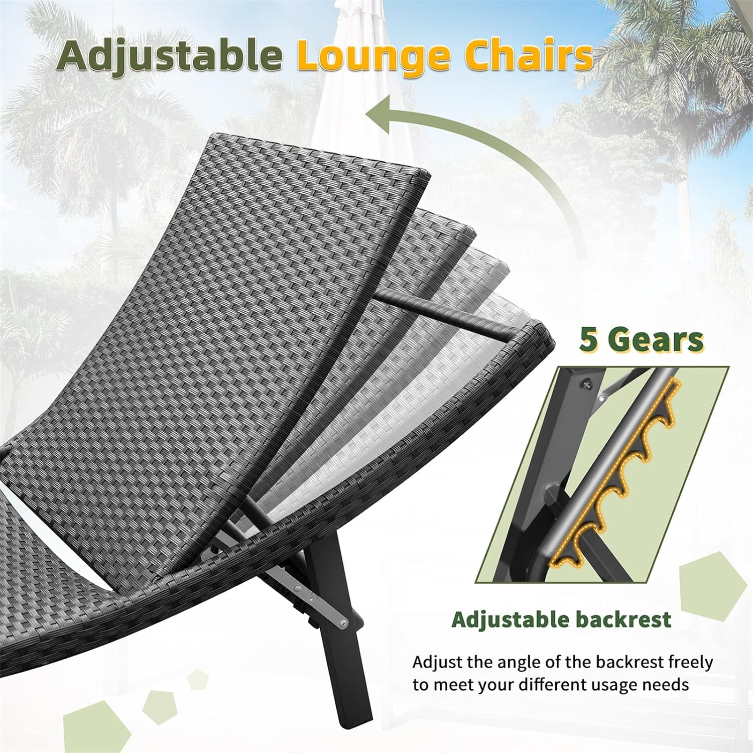 GUNJI Lounge Chairs for Outside 3 Pieces Patio Adjustable Chaise Lounge Outdoor Wicker Lounge Chairs Set of 2 with Table Folding Chaise Lounger for