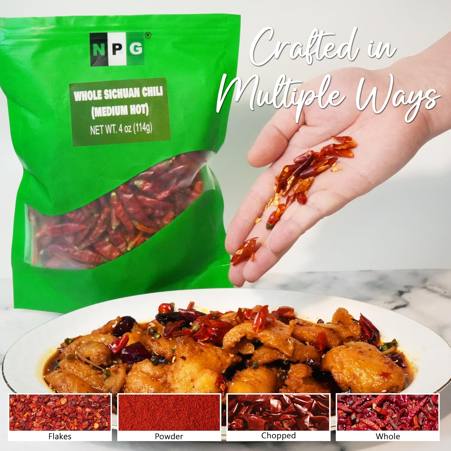 NPG Sichuan Dried Red Chili Peppers 4 Oz, Mild Hot, Whole Chili Peppers