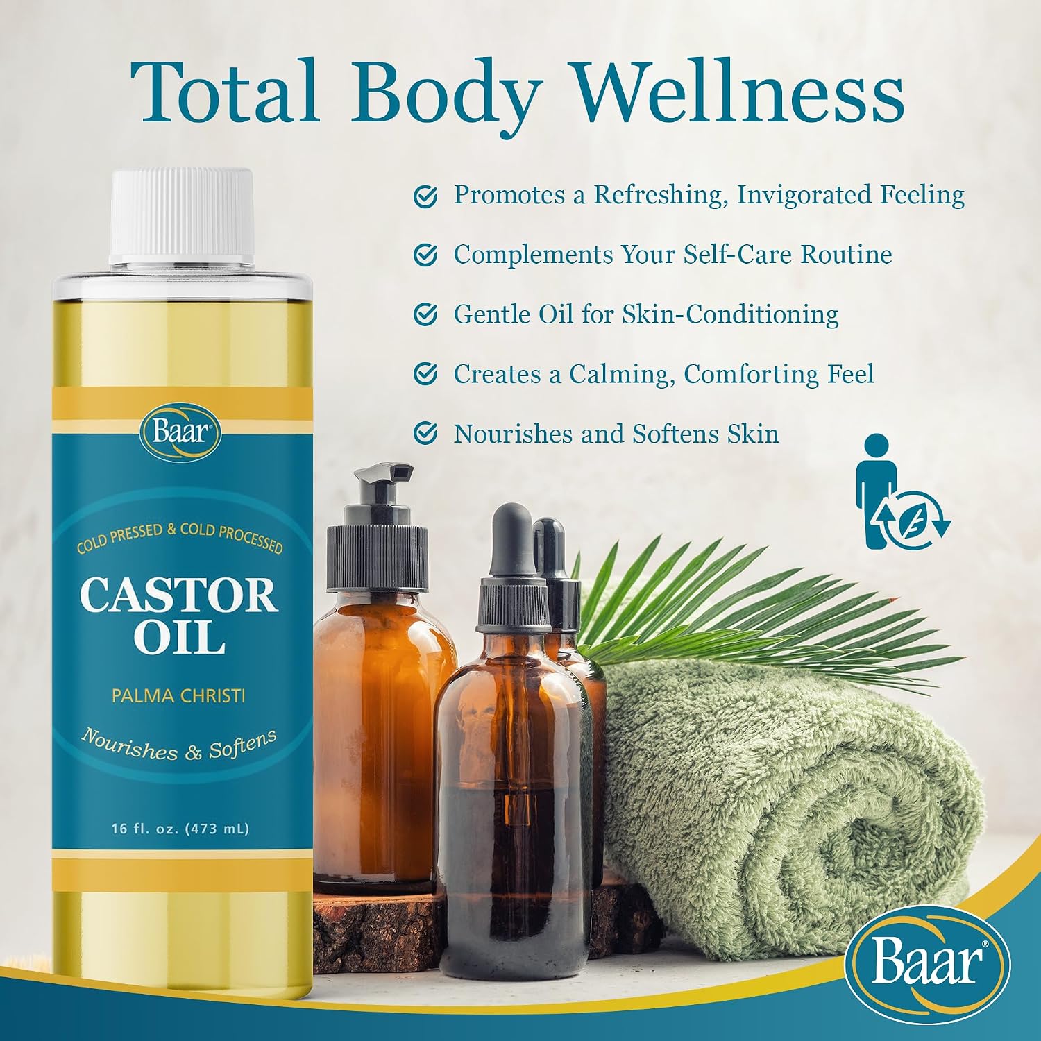 Baar Cold-Pressed Castor Oil, Cold-Processed, Hexane-Free, Palma Christi, for Skin, Hair, Massage & Castor Oil Packs, BPA-Free Bottle, 32 oz | Hexane free, Palma Christi oil, BPA-free bottle, skin, hair and massage applications