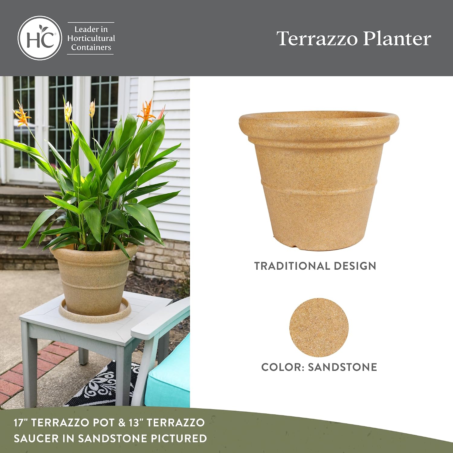 The HC Companies Terrazzo Large Round Plastic Plant Pot w/Rolled Rim - Lightweight & UV Resistant Gardening Pot for Herbs & More - Outdoor & Indoor Plant Pots w/Drainage (17” Black)