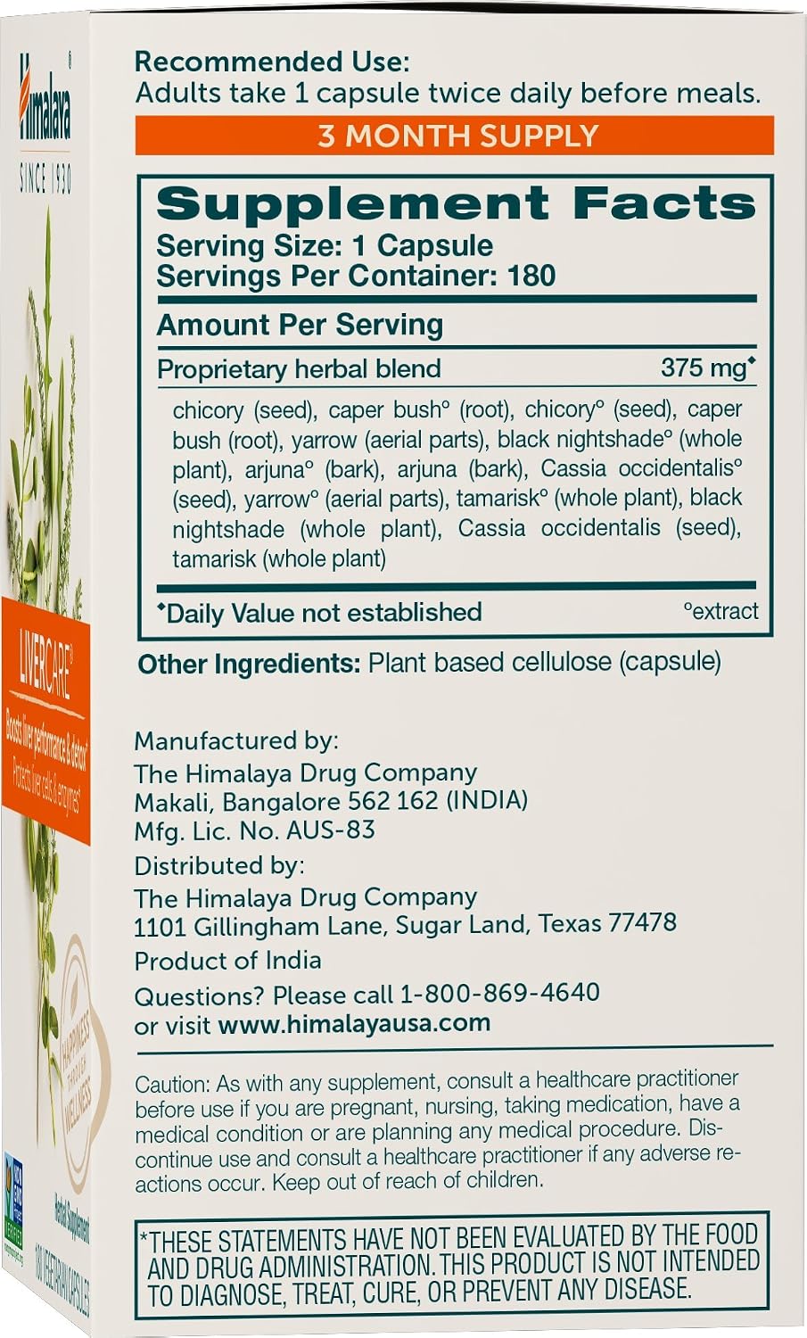 Himalaya LiverCare for Total Liver Support, Cleanse and Detox, Protects Cells & Enzymes, 375 mg, 180 Capsules, 90 Day Supply | Promotes Liver Detox