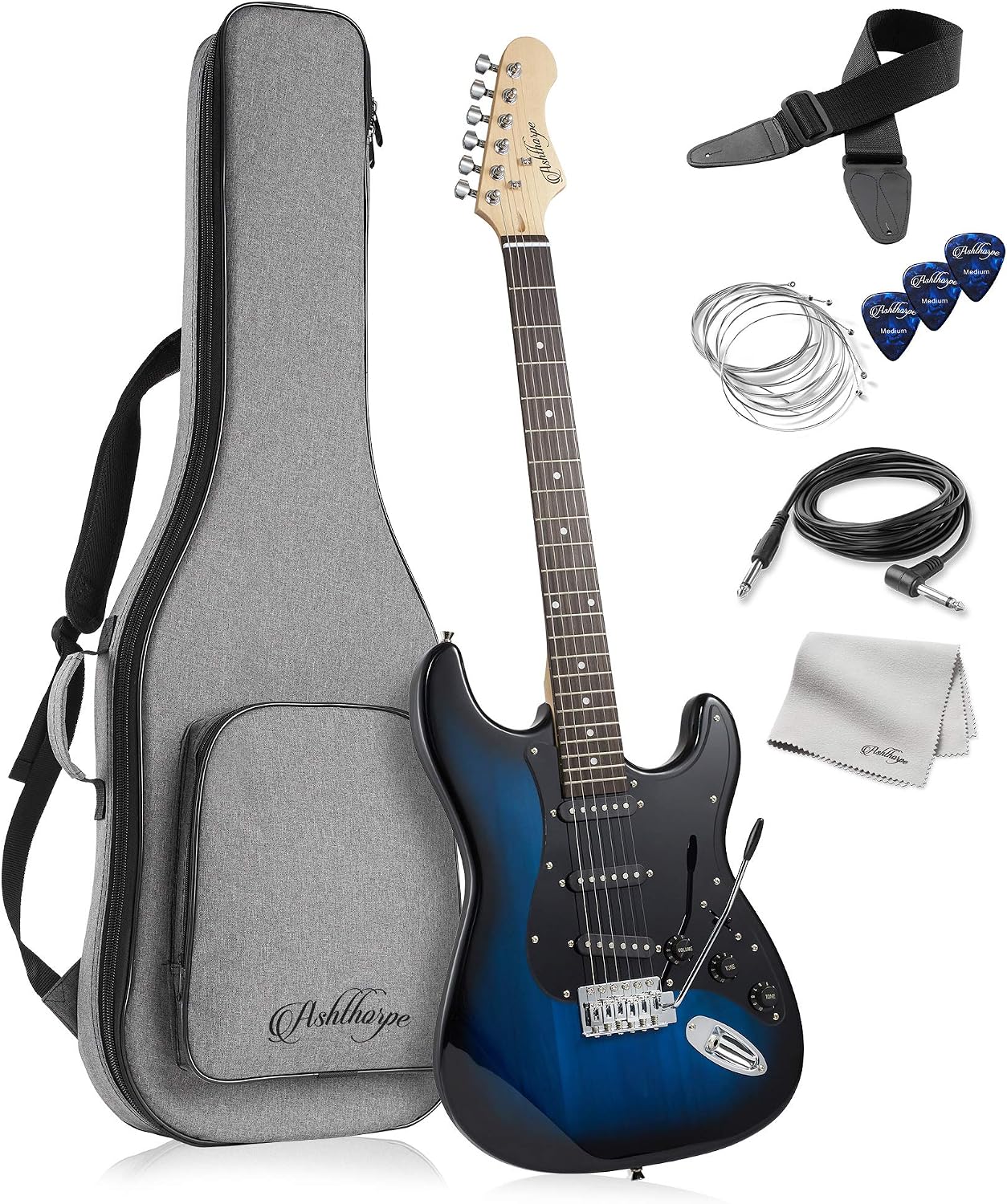 Ashthorpe 39-Inch Electric Guitar (Blue-Black), Full-Size Guitar Kit with Padded Gig Bag, Tremolo Bar, Strap, Strings, Cable, Cloth, Picks