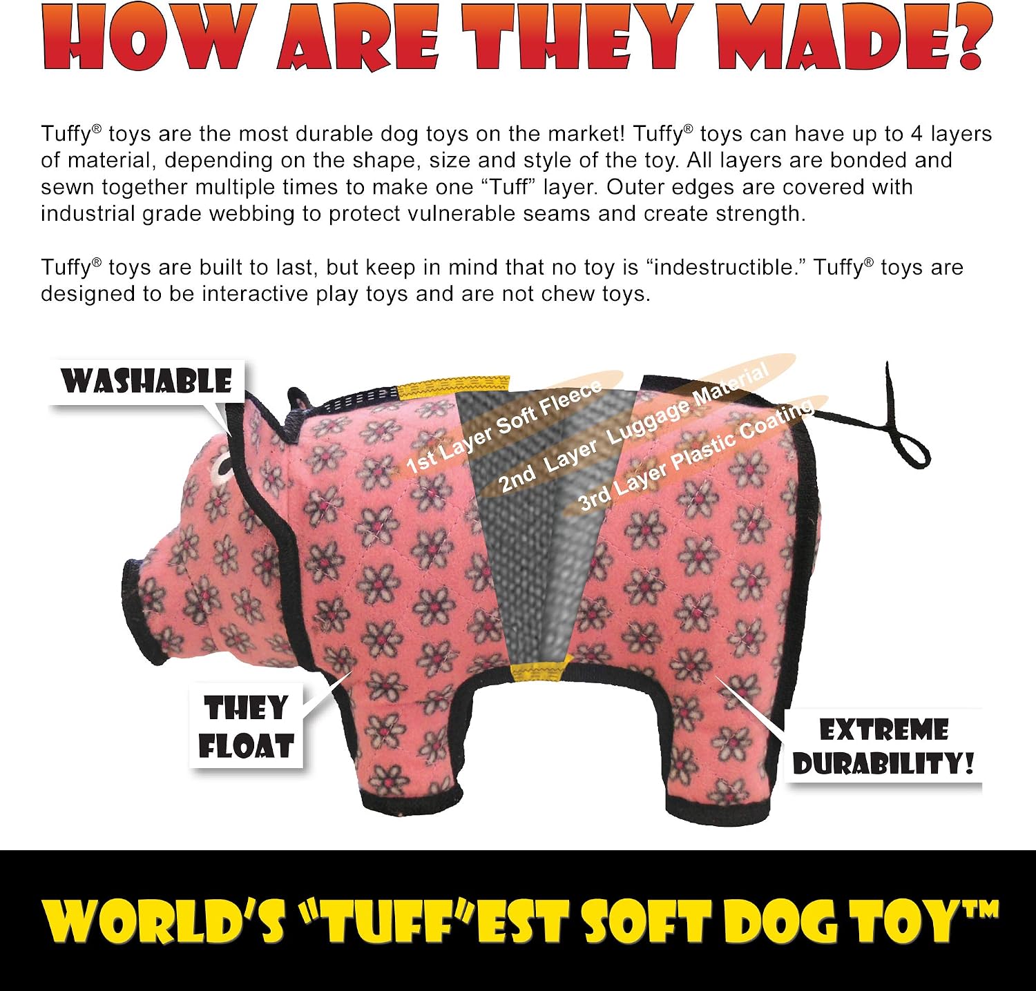 TUFFY® : Cow Dog Toy: Ultra Durable Plush Toy with Multiple Layers & Reinforced Seams, Washable and Floats, Original Construction