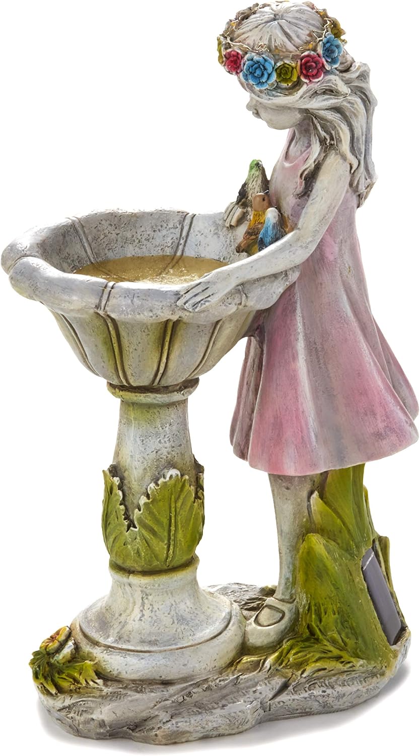 The Lakeside Collection Bird Bath Sculpture Solar Lighted Girl with Fountain