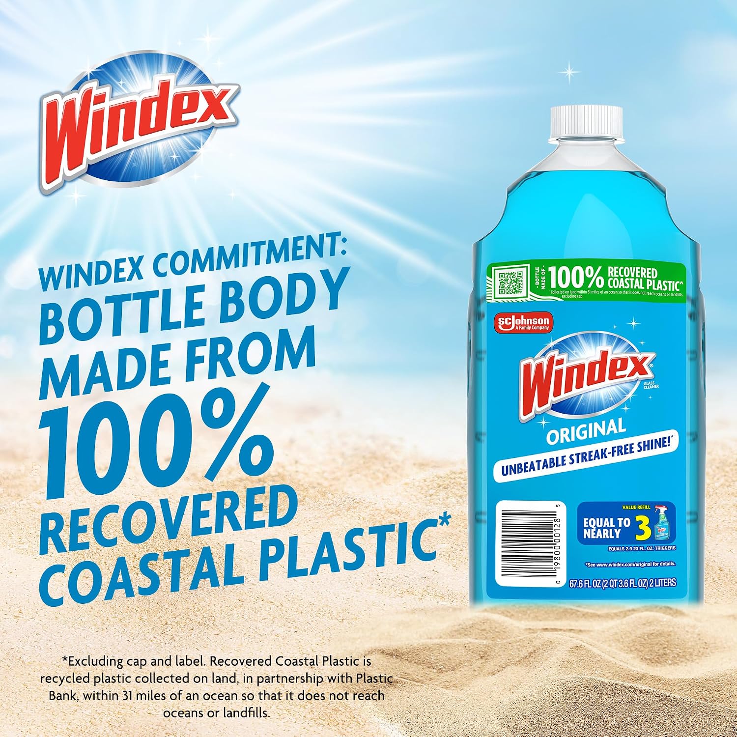 Windex refill glass and window cleaner, made from 100% recycled plastic, surface cleaning spray, original blue scent, 2L (67.6 fl oz)