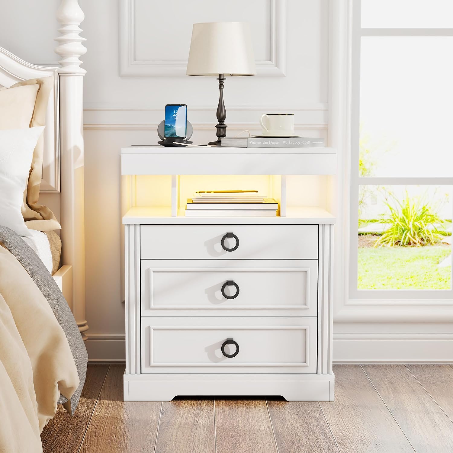 Lockable Night Stand with Gun Drawer,Charging Station,LED Lights,White | LED Nightstand with Charging Station,Farmhouse Bedside Table with 3-Color Light,End Table with 3 Drawers,Bedroom