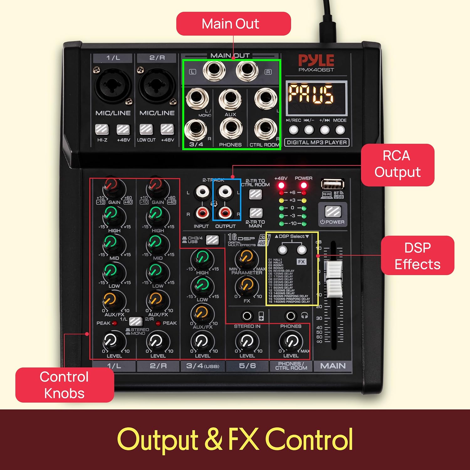 Pyle Professional Wireless DJ Audio Mixer - 4 Channel Bluetooth Controller Sound Mixer, USB Audio Interface