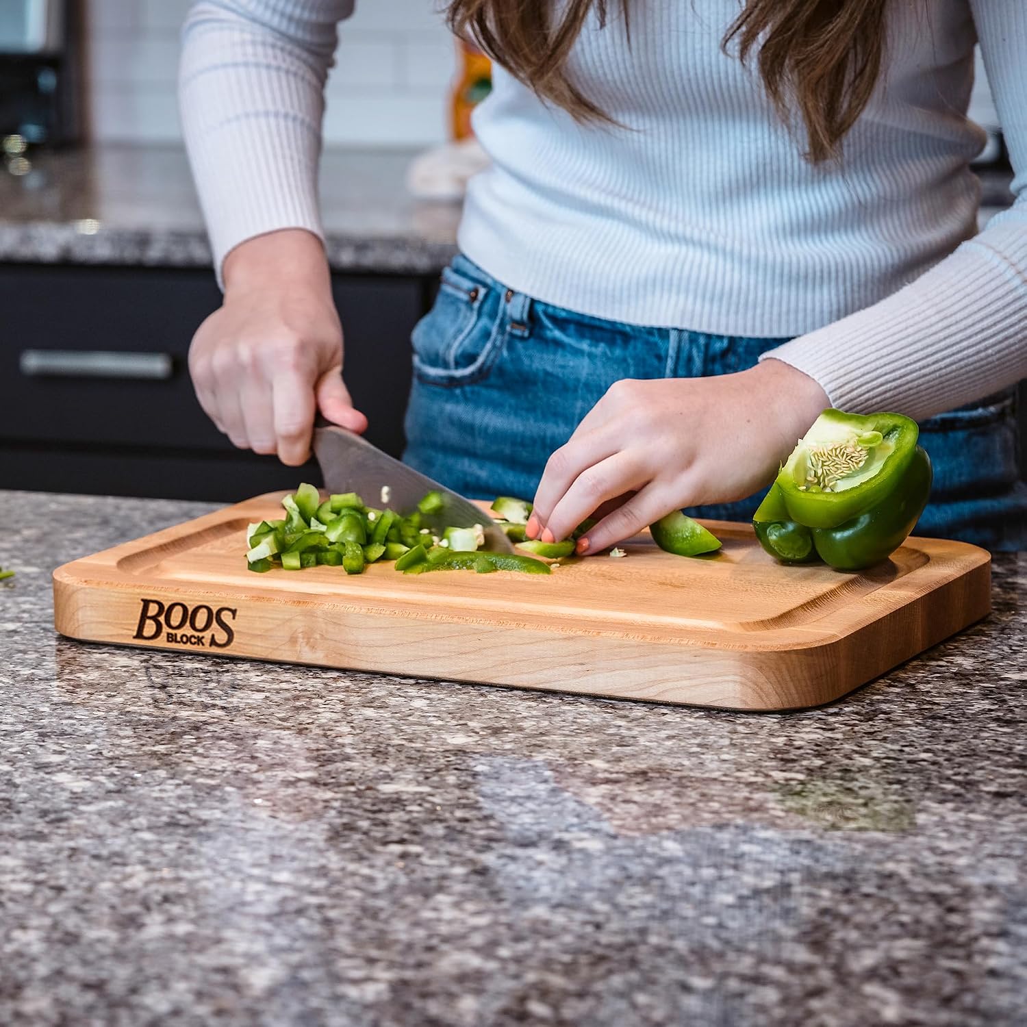 John Boos Prestige Series Rectangular Wooden Maple Cutting Board 16”x10” – 1.25” Thick, 6-lb Reversible Butcher Block with Juice Groove, Edge-Grain & Finger Grip Hole – Made in the USA | 1.25” Thick, 6-lb Butcher Block with Juice Groove, Edge-Grain & Fin…