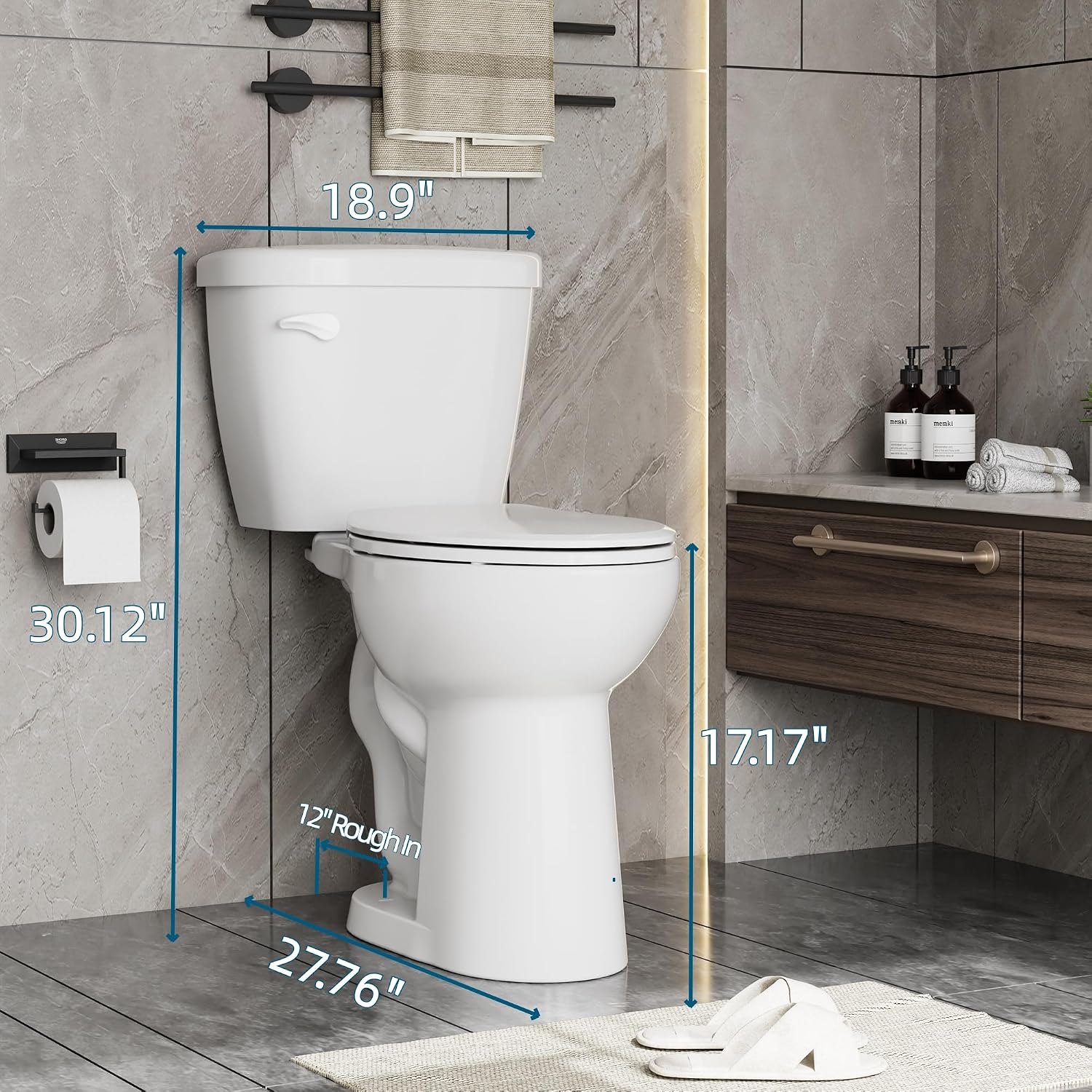Two-Piece Toilets for Bathrooms, Comfort ADA Toilet with 19" Height, Elongated with Soft Close Seat, Power Flush 1.28 GPF