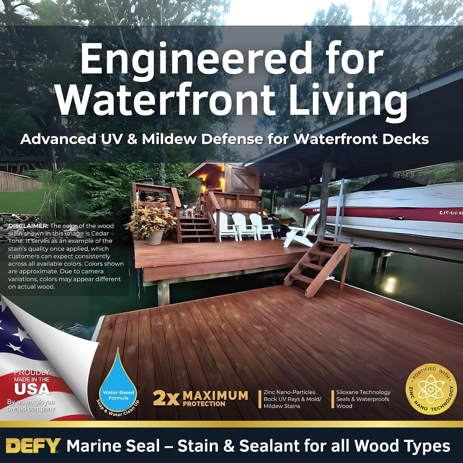 DEFY Marine Seal Semi-Transparent Exterior Wood Stain and Sealer - Waterproof Sealant for Wood Docks, Boat Piers, Marinas, Boardwalks, & More - Cedar Tone - 5 Gallon, Made in USA