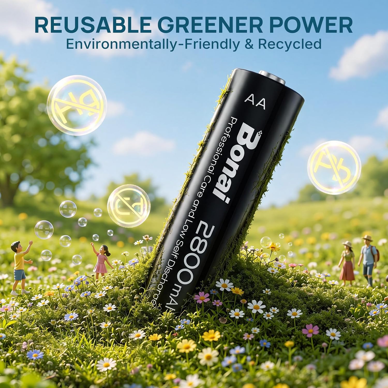 BONAI Rechargeable AA Batteries High-Capacity 2800mAh, Recharge up to 1200x Times