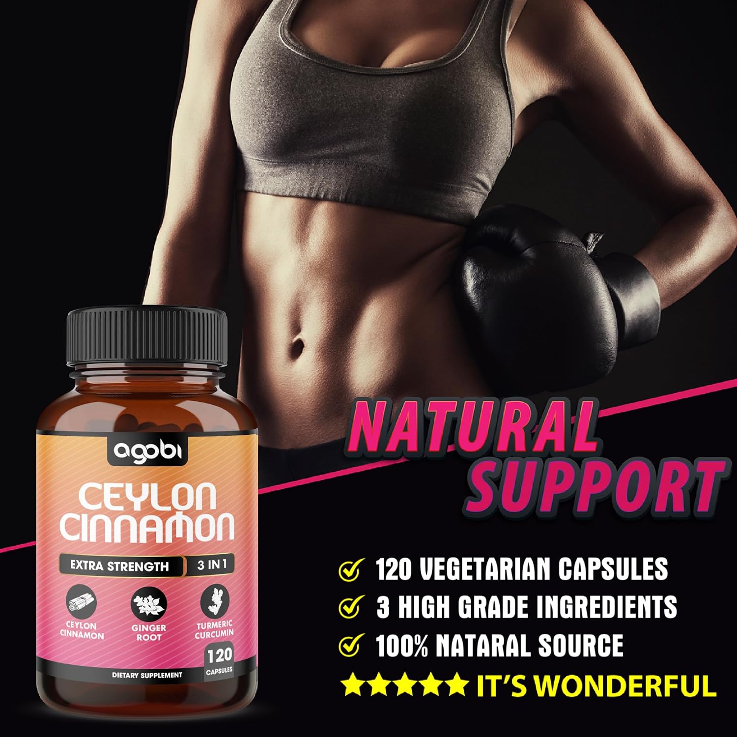 Ceylon Cinnamon Capsules - Combined with Ginger Root and Turmeric Curcumin Supplement - 120 Vegan Capsules