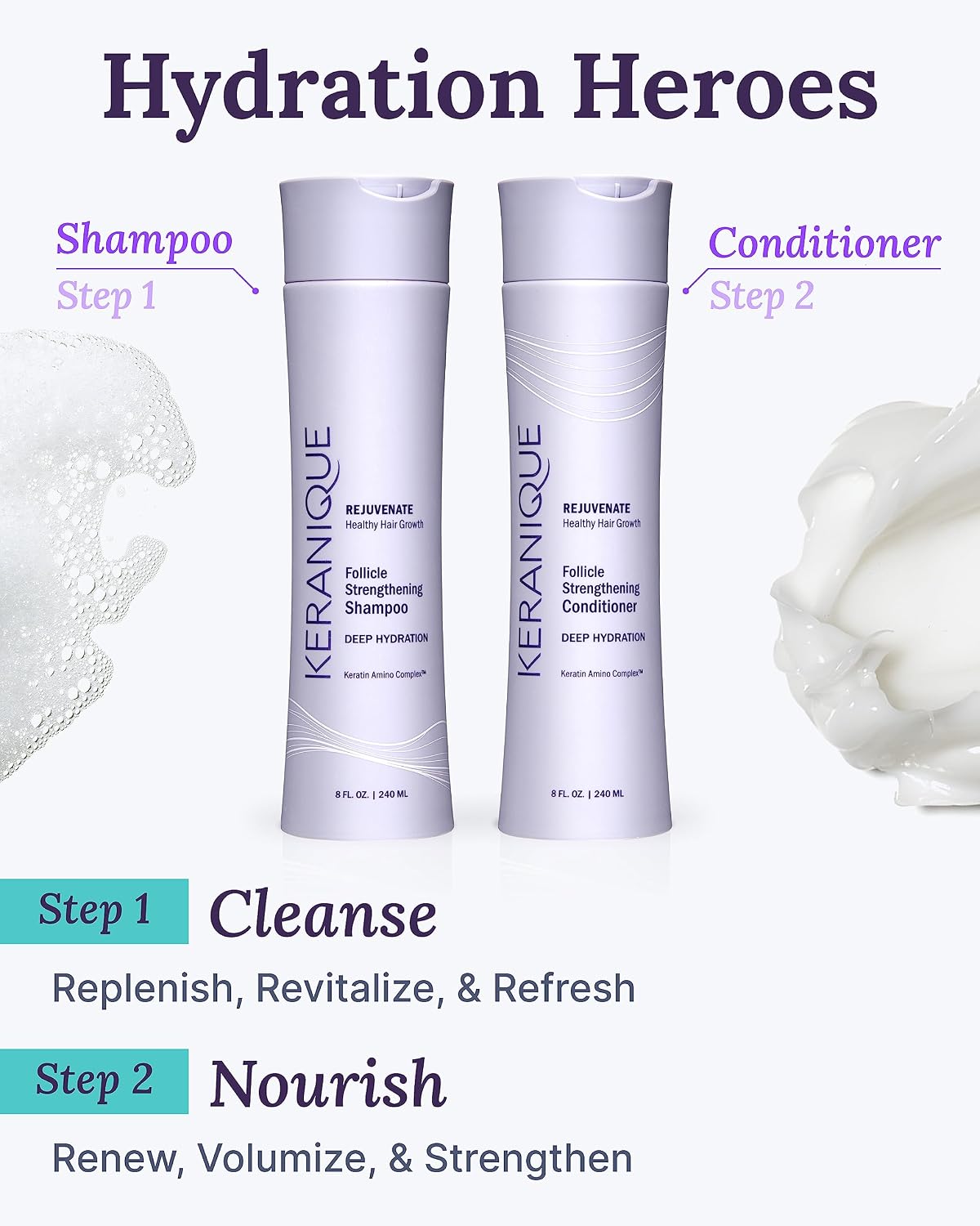 Keranique Volumizing Shampoo & Conditioner Set for Hair Repair, Growth & Thinning Hair Support – Keratin, Biotin, Menthol & Niacinamide, Lightweight Strengthening Formula - Keratin Amino Complex™