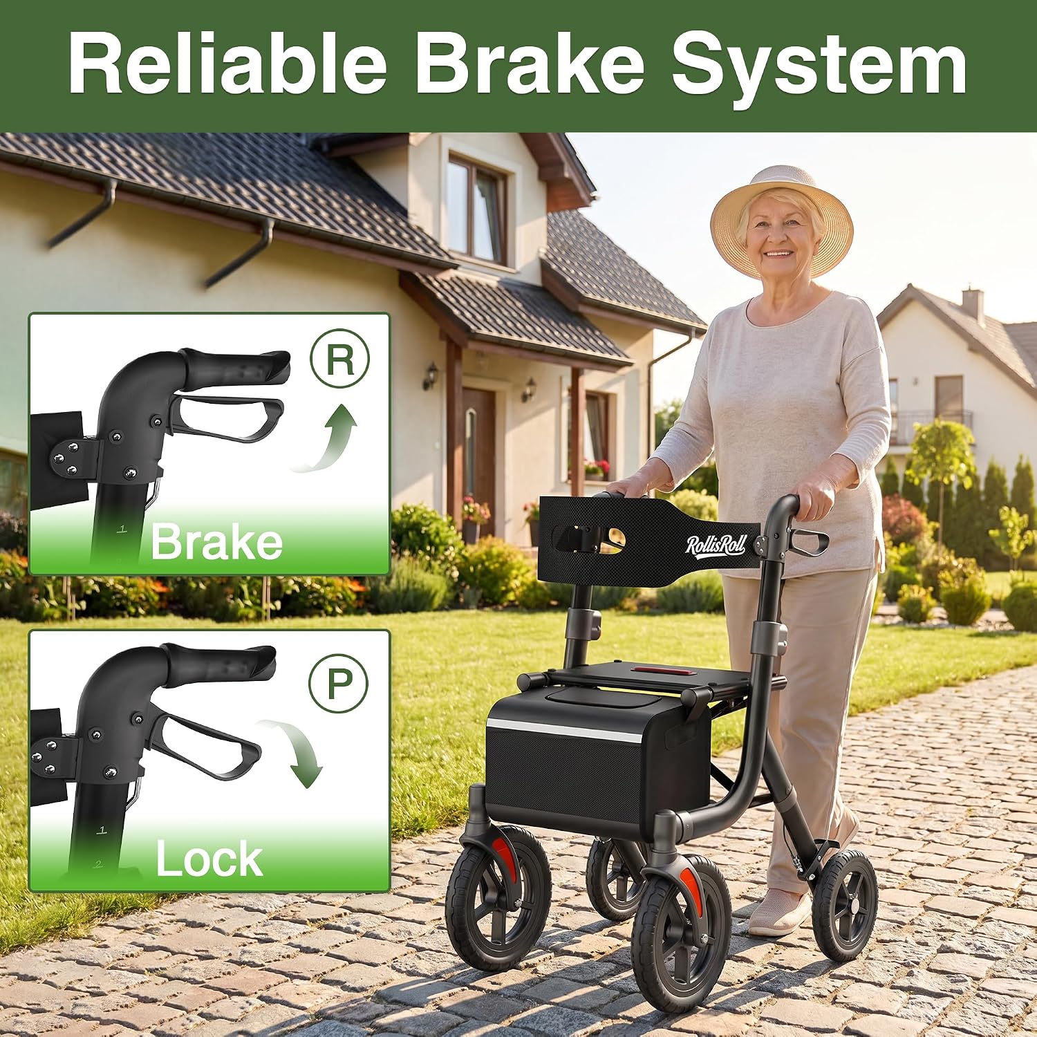 Walkers for Seniors, Rollator Walker with Seat, 10" Big Rubber Wheels All Terrain Rolling Walker, Lightweight Foldable Rollator Walker, Built-in Cable, Reinforced Aluminum Frame, Orange
