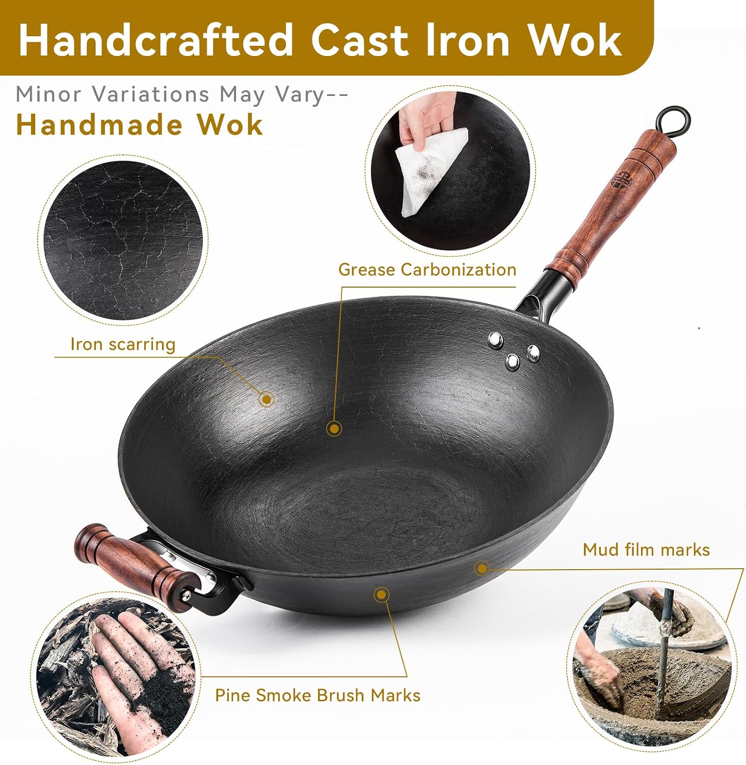 WANGYUANJI 12.6 Inch Cast Iron Wok with Wooden Lid, Handcrafted Flat Bottom Chinese Stir Fry Pan, Uncoated Heavy-Duty Iron Wok for Induction, Gas