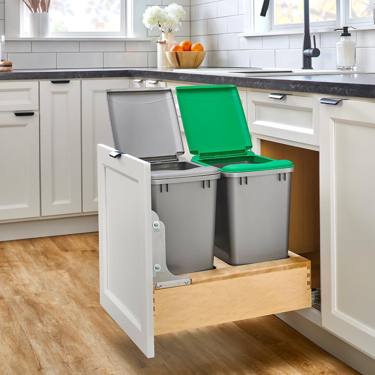 Rev-A-Shelf 35 Qt Bottom Mount Single Pullout Under Cabinet Kitchen Trash Cans for Base Cabinets, 150 Pound Rated Full-Extension Slides, Min Opening Width of 11.5", Silver, 4WCBM-15DM-1