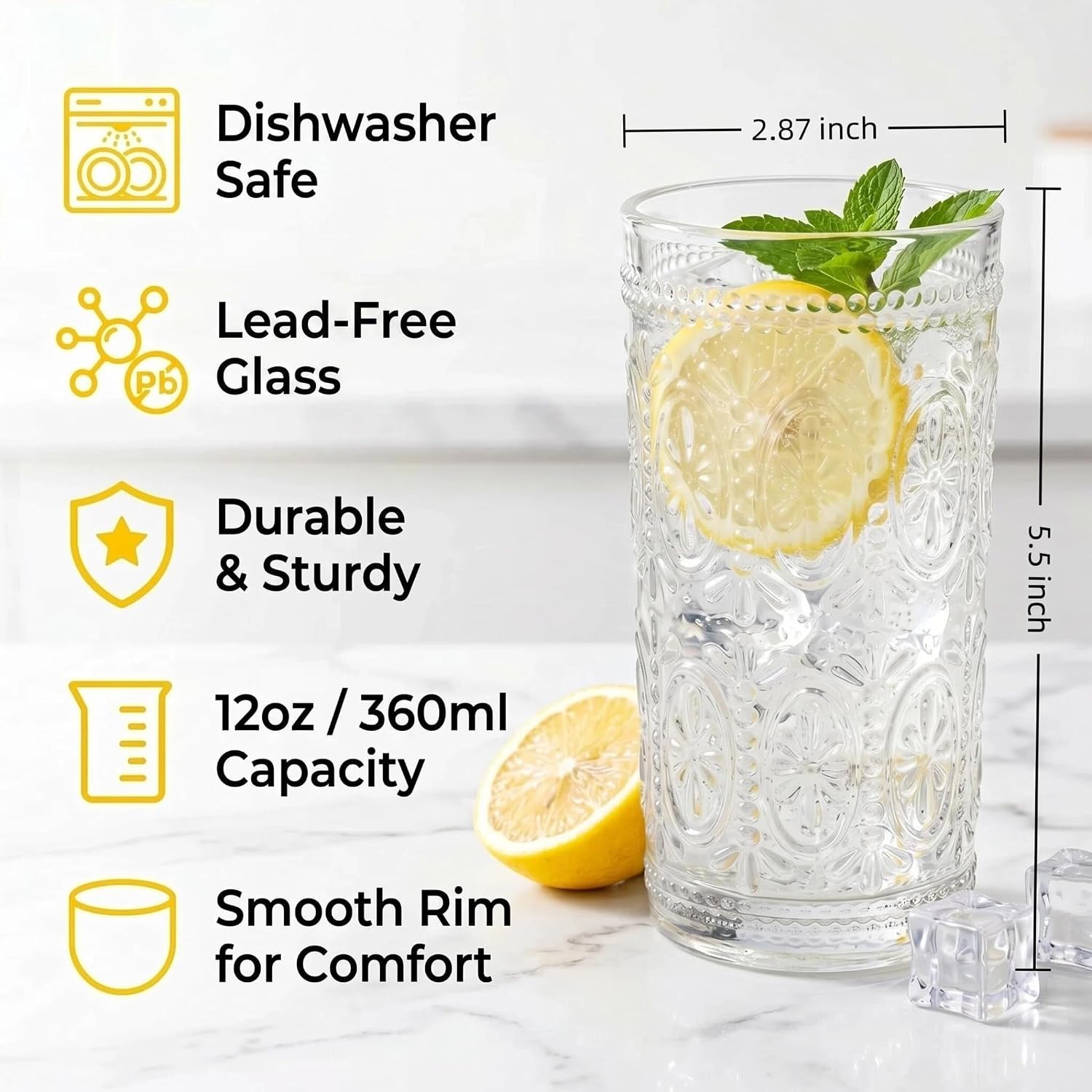 Bekith 6 Pack Romantic Drinking Glasses, 12 oz Highball Glasses, Thick Water Glasses, Tall Glass Cups for Beverages, Beer, Cocktail