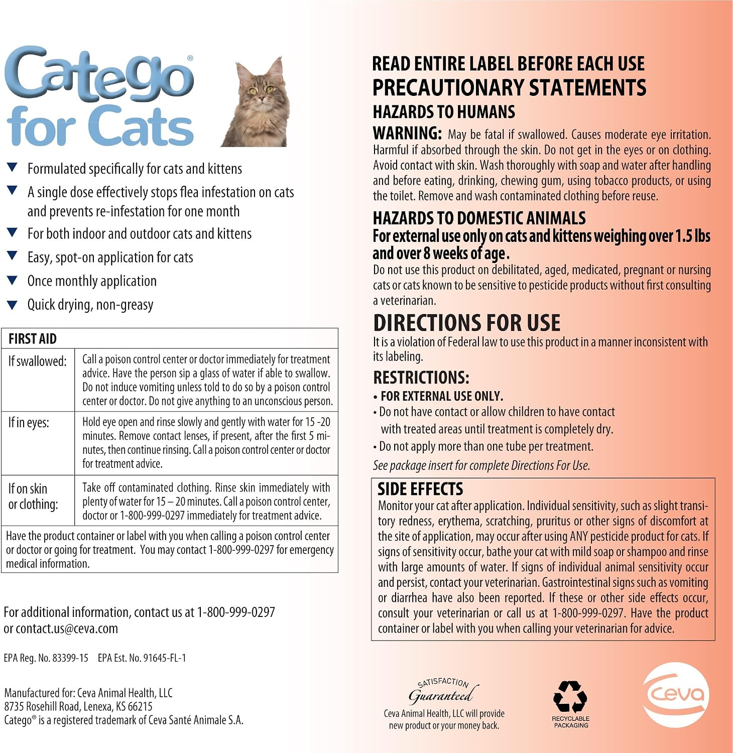 Catego Flea and Tick Prevention for Cats - Over 1.5 lbs, 3 Month Supply | No Prescription Required, Cat Flea Treatment Topical Drops, Fast Acting Flea & Tick Control Drops, Easy to Apply