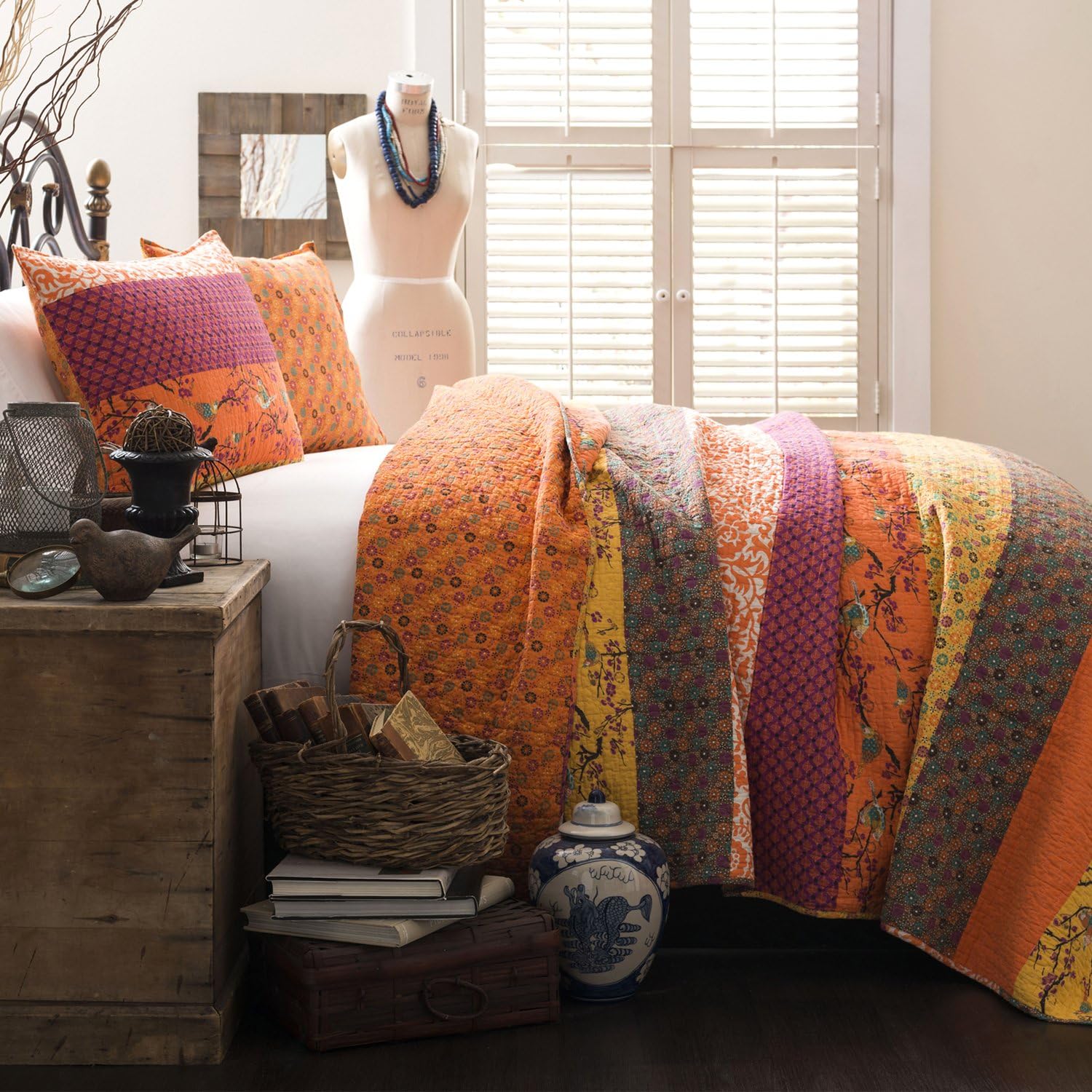 Lush Decor Royal Empire Reversible Cotton Quilt Set, 3 Piece Set Full/ Queen, Plum - Striped Bedding Set - Floral Quilt Queen Size - Purple Bedding - Boho Decor