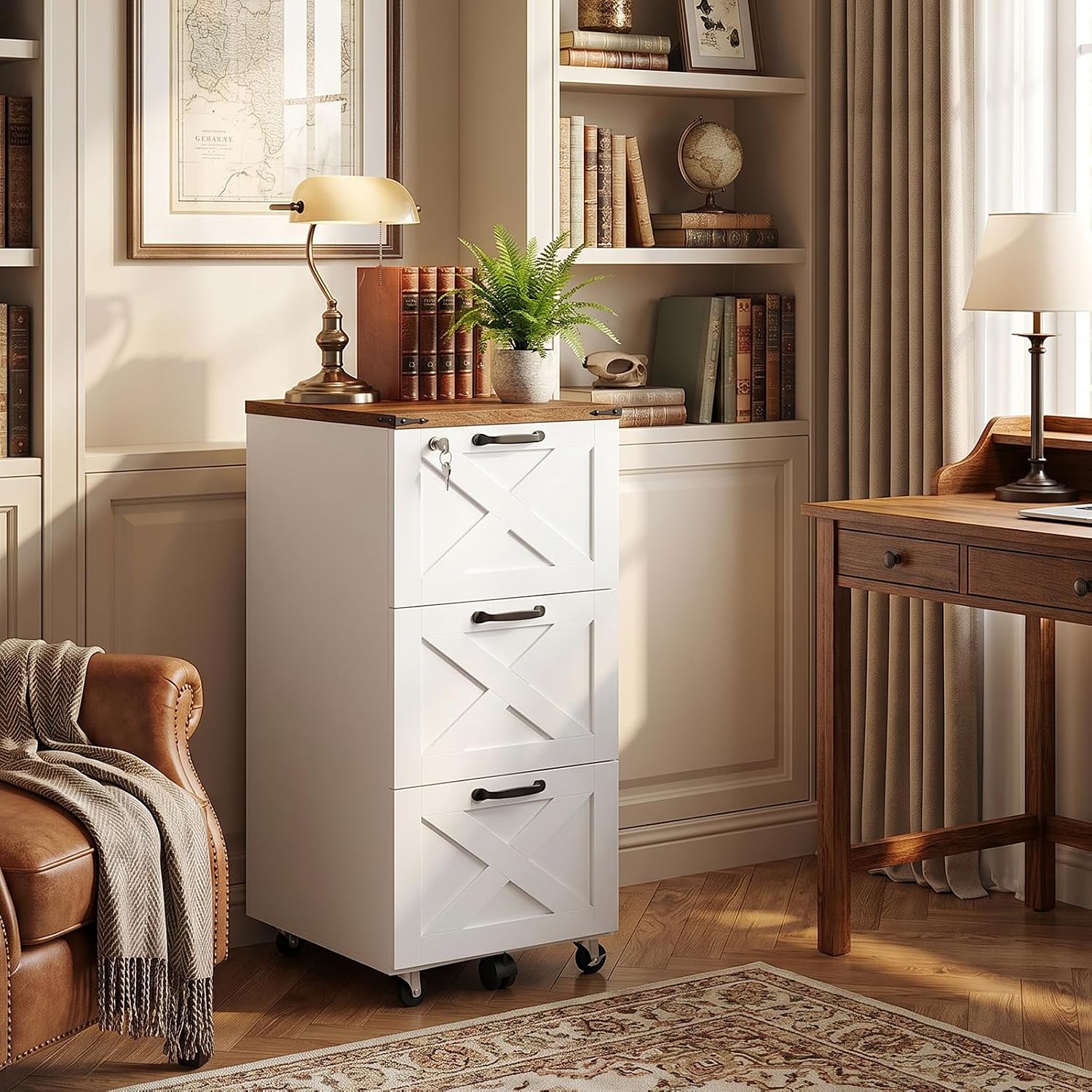 HOOBRO 3 Drawer File Cabinet with Lock, Mobile Filing Cabinet for Home Office, Wooden Farmhouse Office Storage Cabinet, Printer Stand Fits Letter and A4 Size, Walnut and White WH93WJ01G1