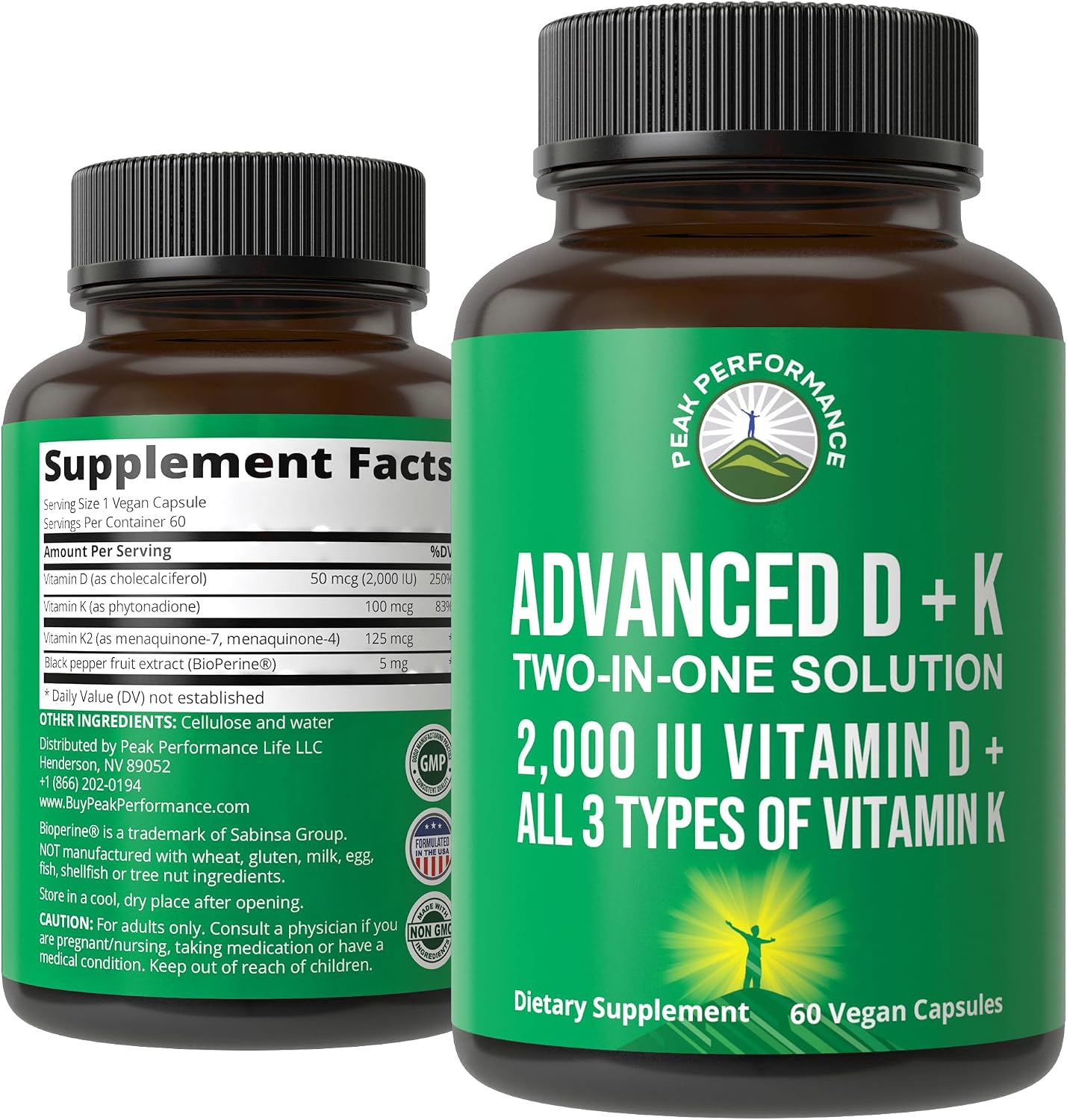 Peak Performance Advanced Vitamin D 2000 IU with All 3 Types of Vitamin K | Vitamin D3 and Vitamin K2, K1, MK-7 (MK7)