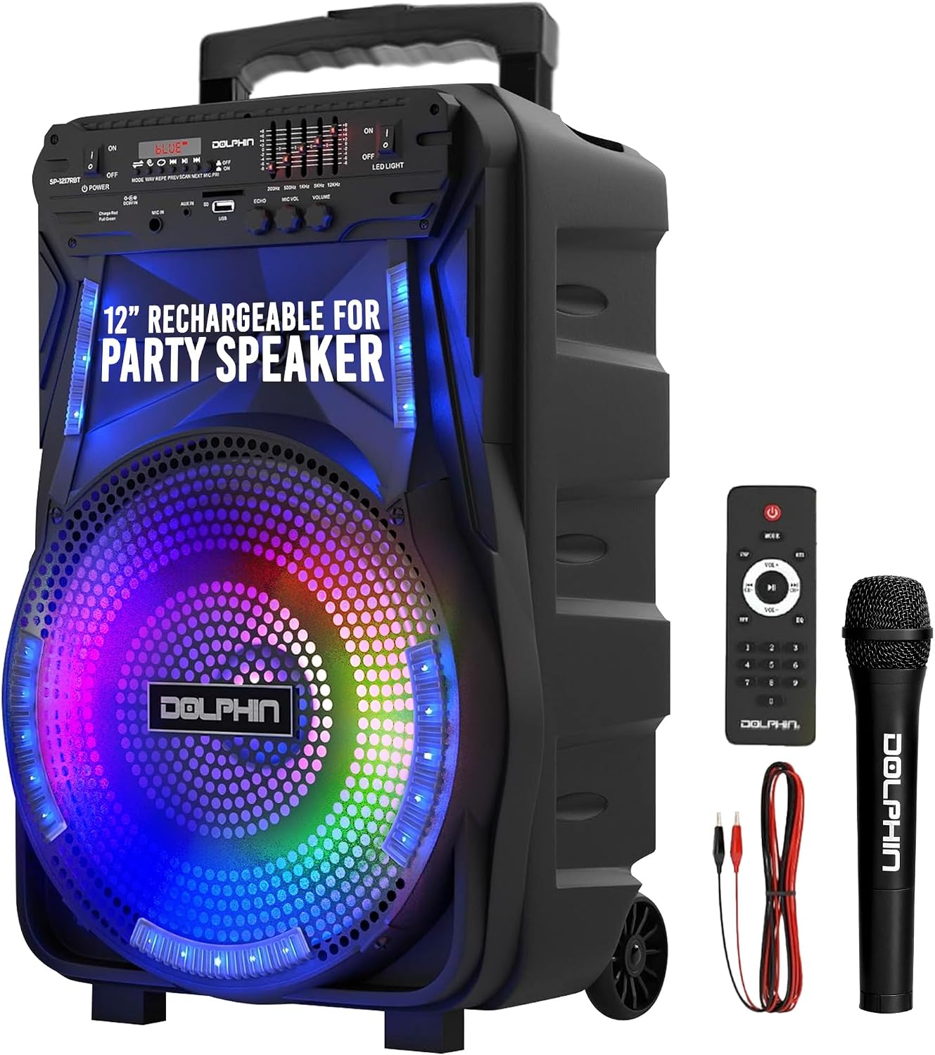 Dolphin Large Bluetooth Party Speaker with Trolley & Wheels, 12" Woofer | WaveSync Pairing, 5-Band EQ, Piezo Tweeter, USB, SD, FM & AUX Inputs