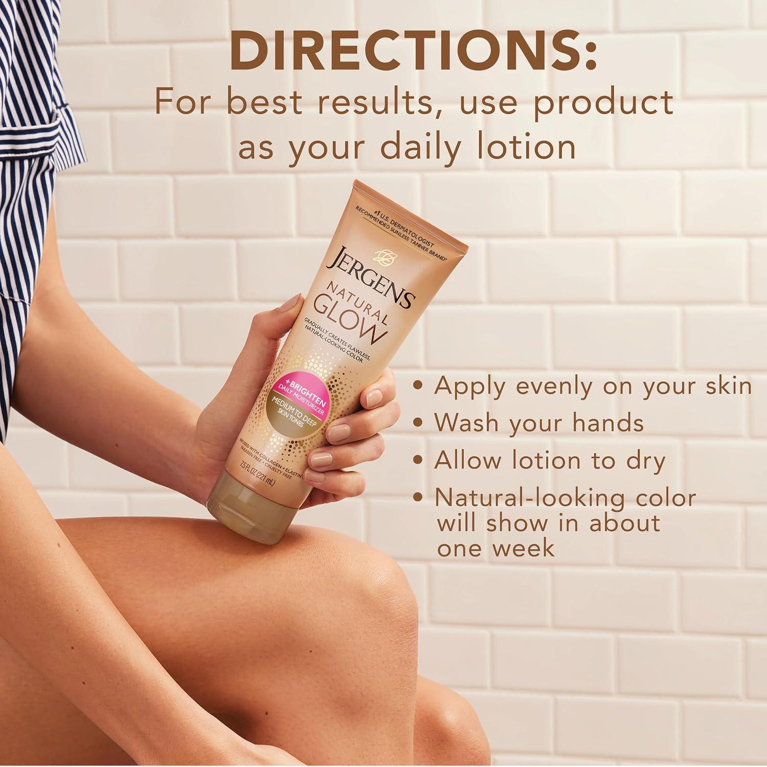 Jergens Natural Glow Self Tanner Body Lotion, Sunless Tanning, Medium to Deep Skin Tone, Daily Moisturizer with Coconut Oil, Vitamin E and Antioxidants, 7.5 Oz | Sunless Tanning, Daily Moisturizer, Coconut Oil, Vitamin E & Antioxidants, Gradual Color Dev…