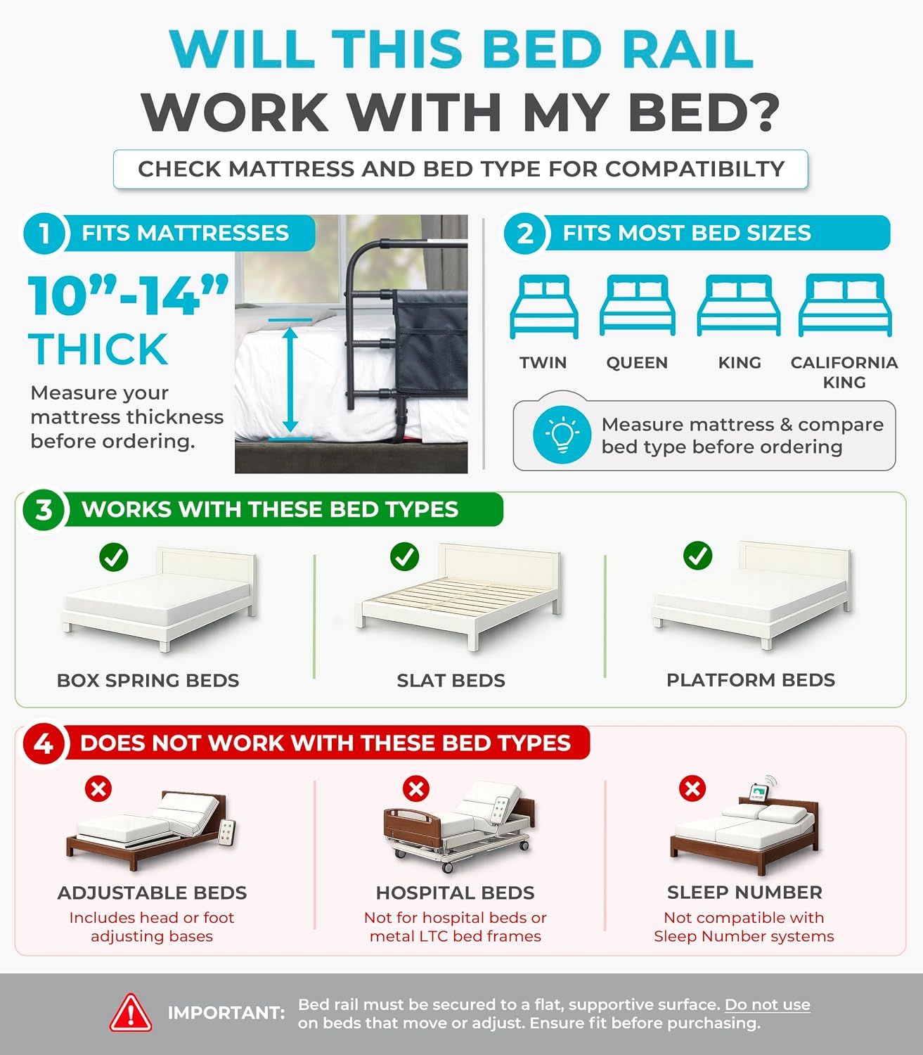 Stander EZ Adjust Bed Rail, Adjustable Senior Bedrail and Safety Assist Railing for Elderly Adults with Organizer Pouch