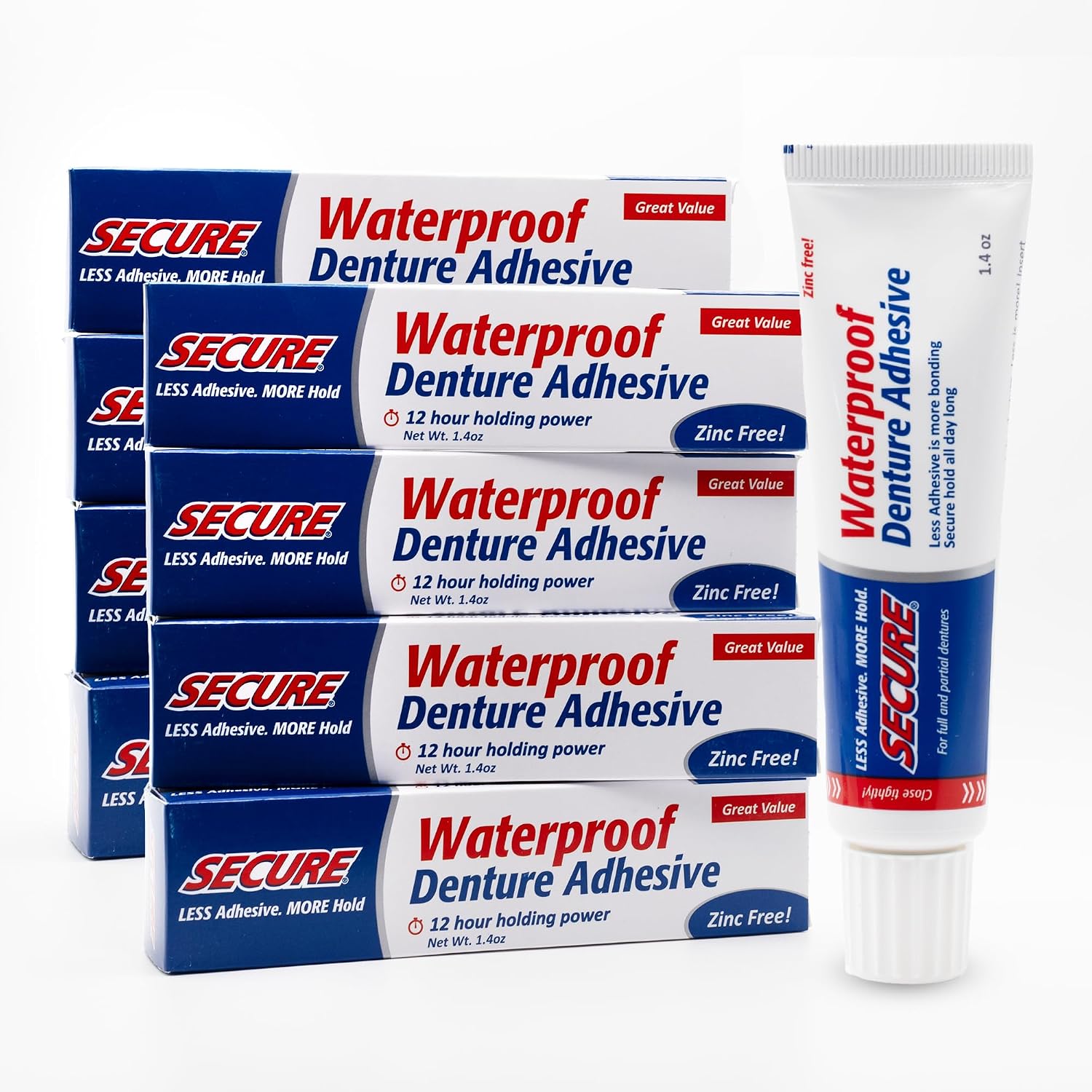 Secure Denture Adhesive Cream, Zinc Free Denture Glue, 1.4 oz | Waterproof Seal - Food Grade Ingredients - Less Adhesive, More Hold - Tube Lasts Up to 8 Weeks