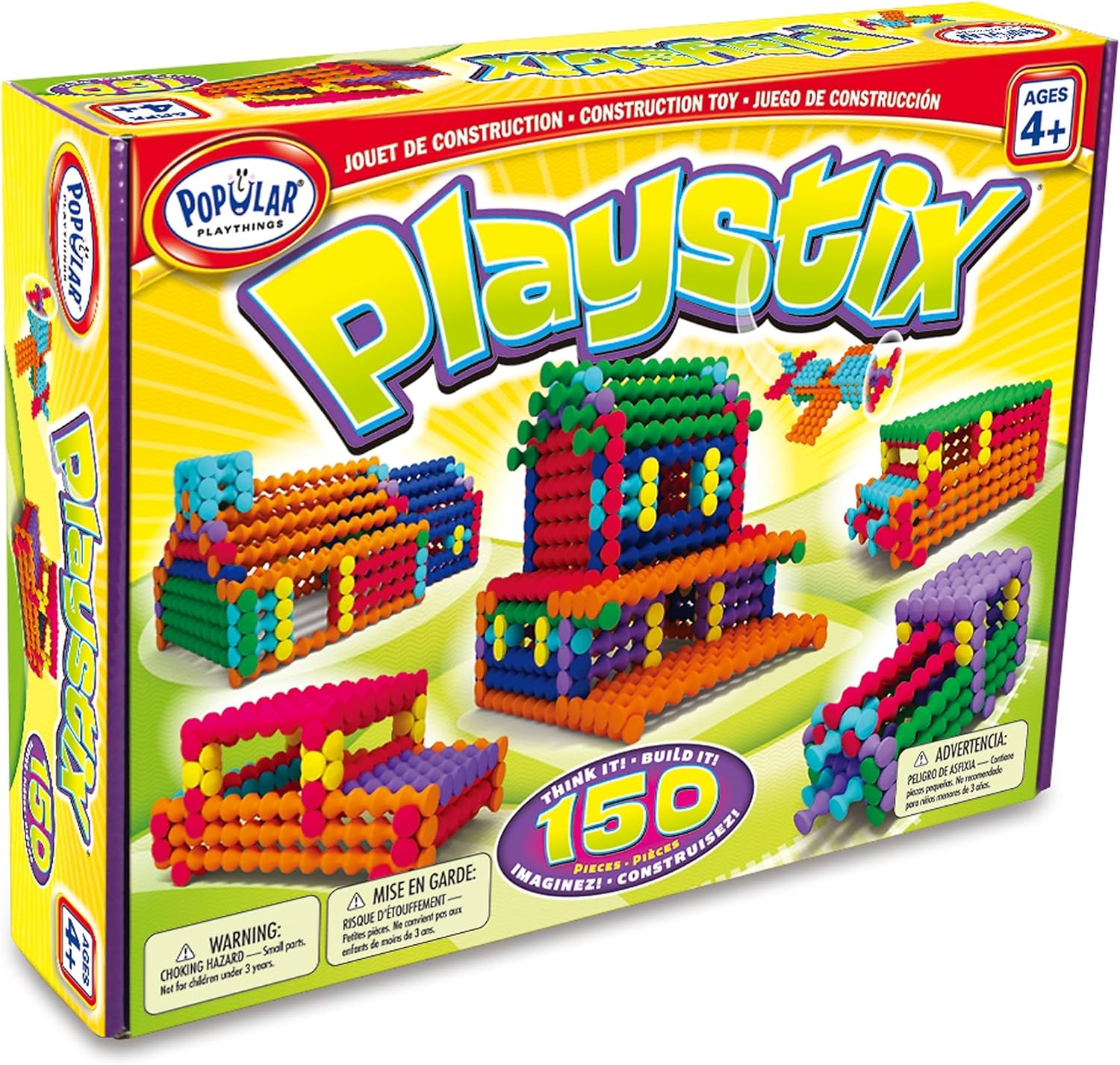 POPULAR PLAYTHINGS Playstix Construction Toy Set, 150 Piece Kit | for Kids Ages 4 and Up, Building Sticks for STEM and Classroom Use