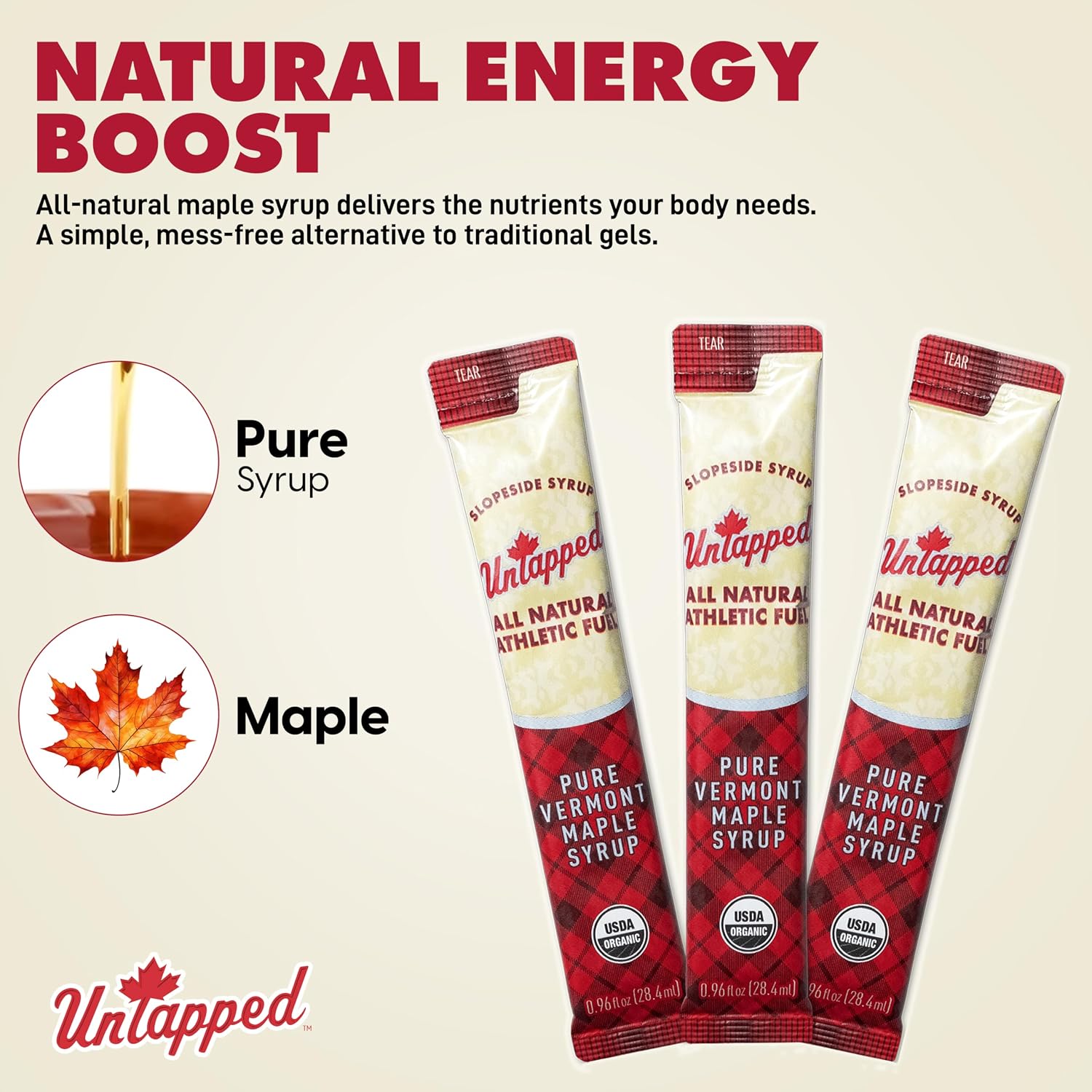UnTapped Vermont Maple Syrup Packets for Athletes, Box of 20-0.96 Fl Oz | Organic Pure Maple Syrup for Natural Endurance Energy | Fuel to Keep You Running Longer