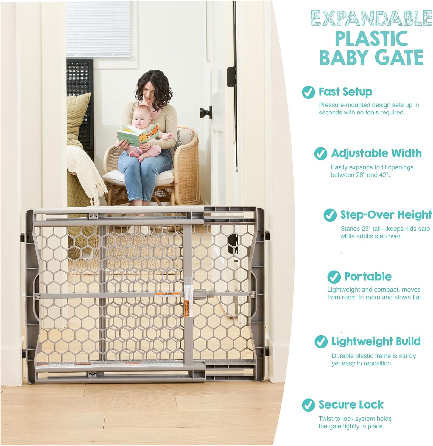 Regalo Safety 28"-42" Extra Wide Baby Gate, Bottom of Stairs & Doorways | Pressure Mounted & Adjustable, For Babies, Toddlers & Pets, Plastic, Gray, Tested & Trusted for 30 Years